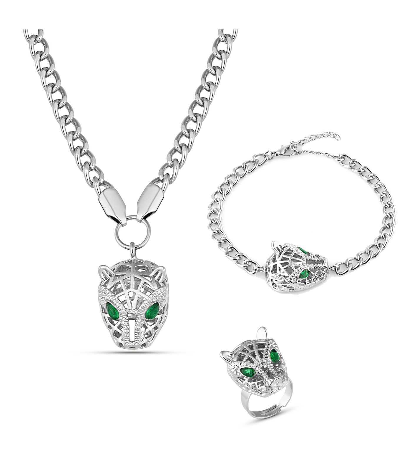 Forentina Kadın Gri Aslan Kolye Bileklik Yüzük Takı Seti PS2932