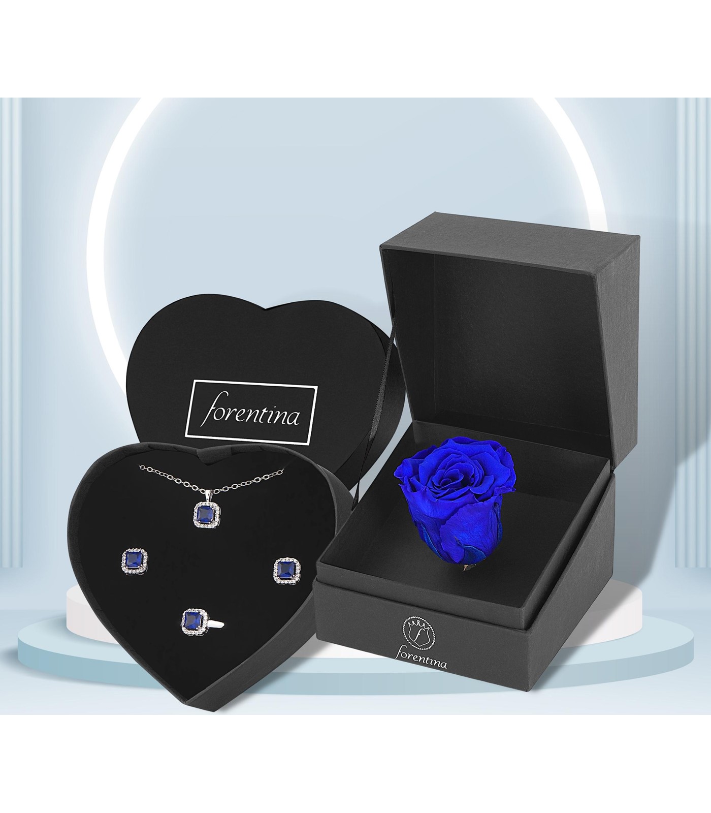 Forentina Lacivert Zirkon Taşlı Tektaş Takı Seti - Lacivert Solmayan Gül Hediye Set PS2947