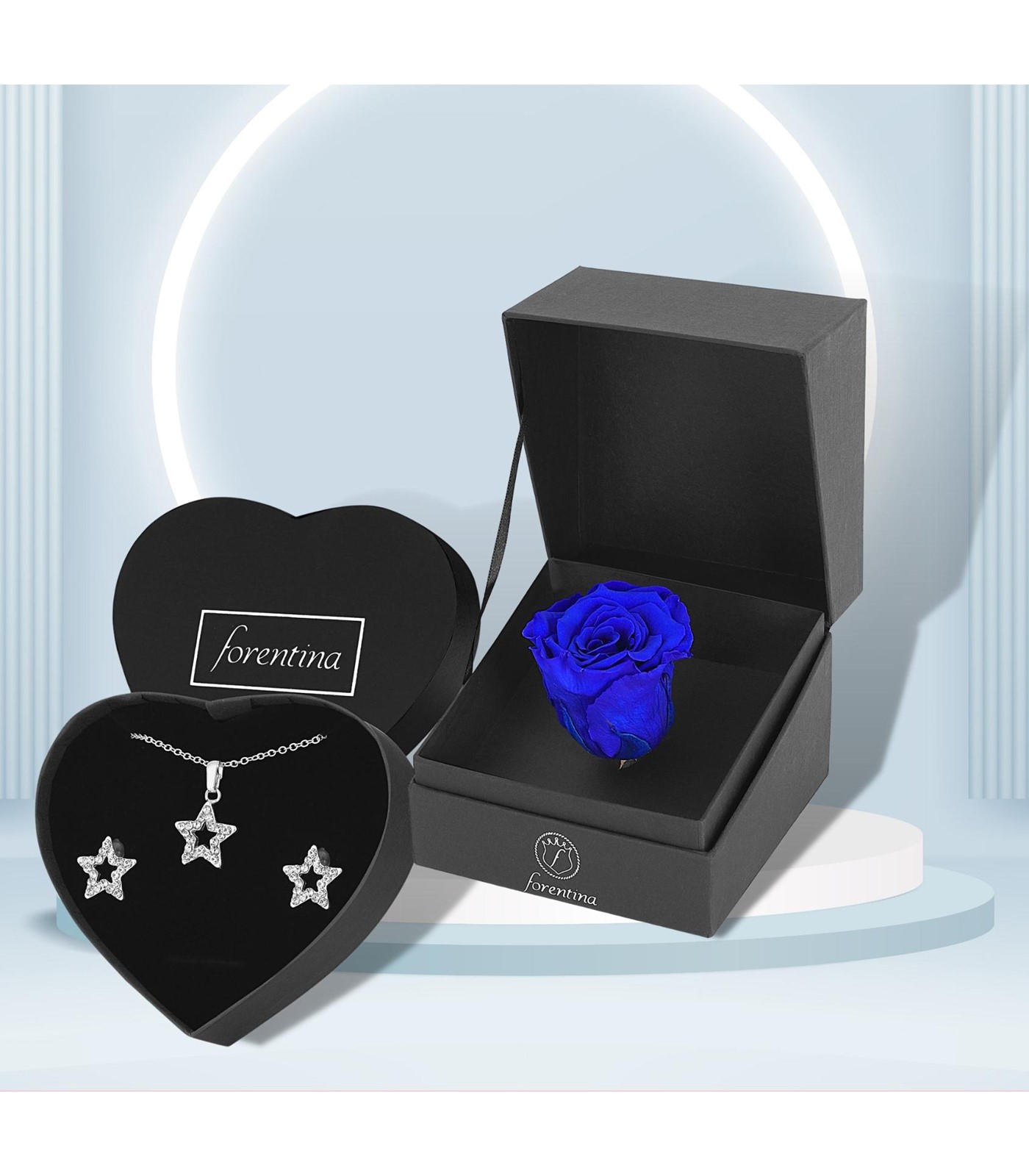 Forentina Yıldız Kolye Küpe - Lacivert Solmayan Gül Hediye Set PS2949