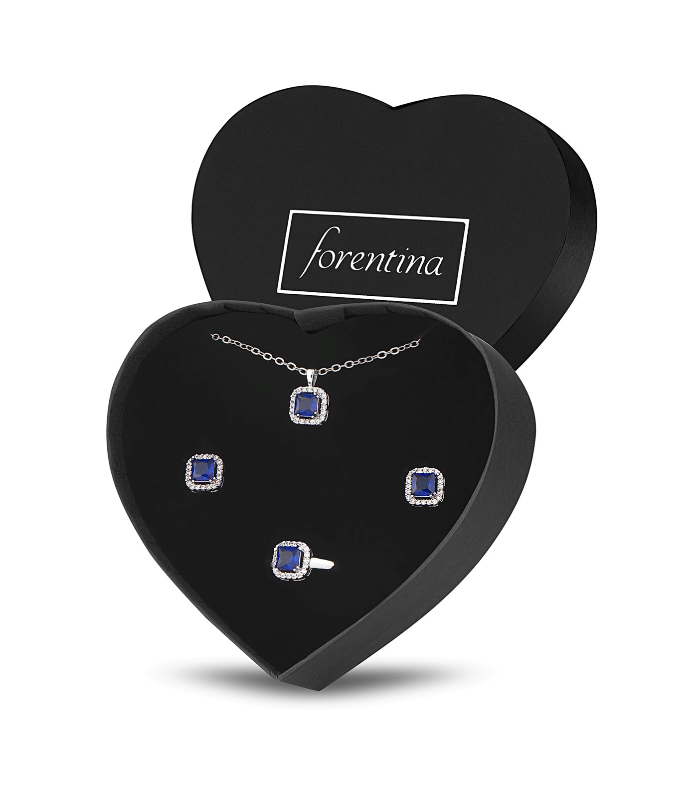 Forentina Kadın Zirkon Lacivert Taşlı Kolye Küpe Yüzük Takı Seti PS2952