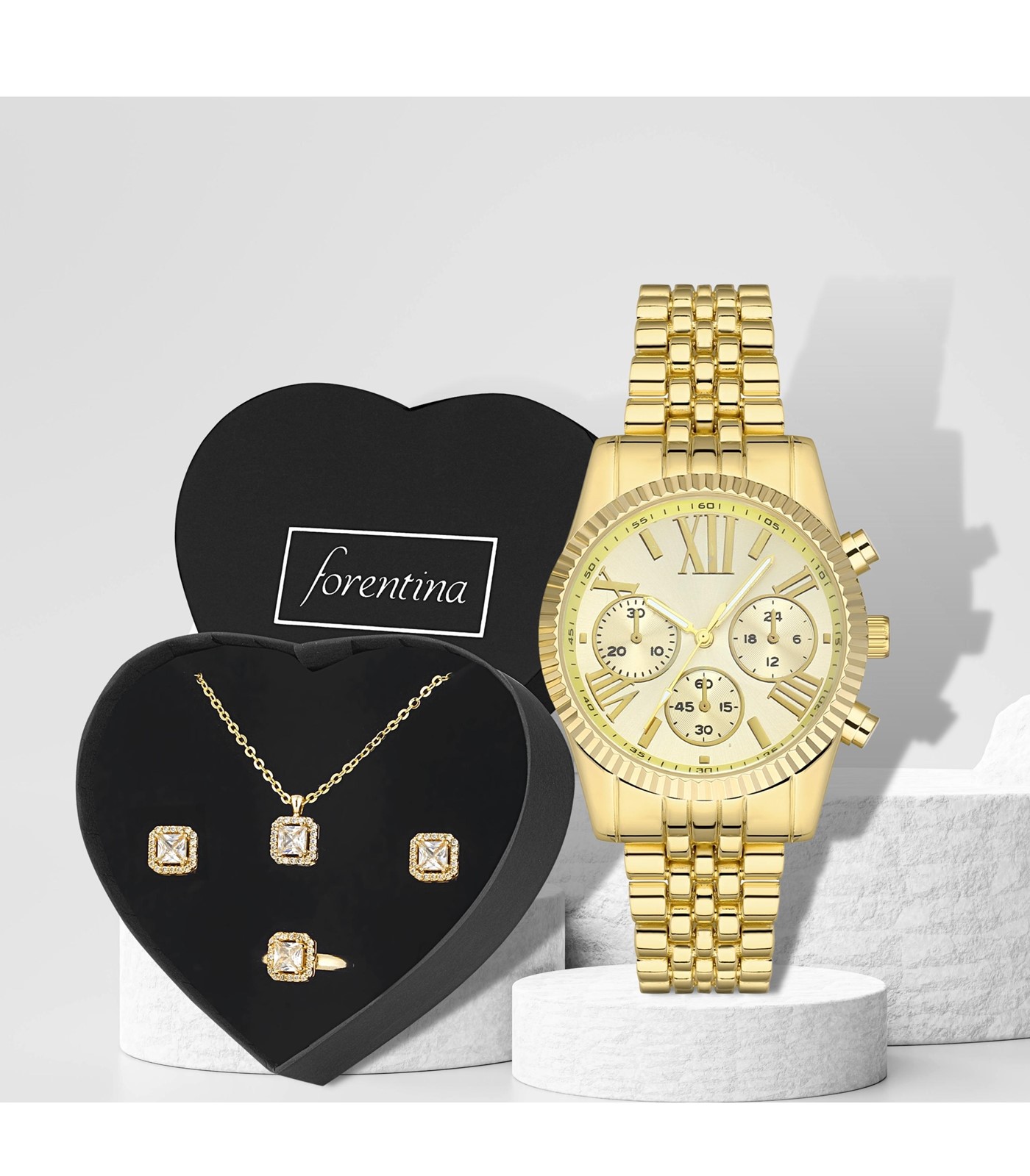 Forentina Altın Kaplama Tektaş Takı & Saat Hediye Set PS2963