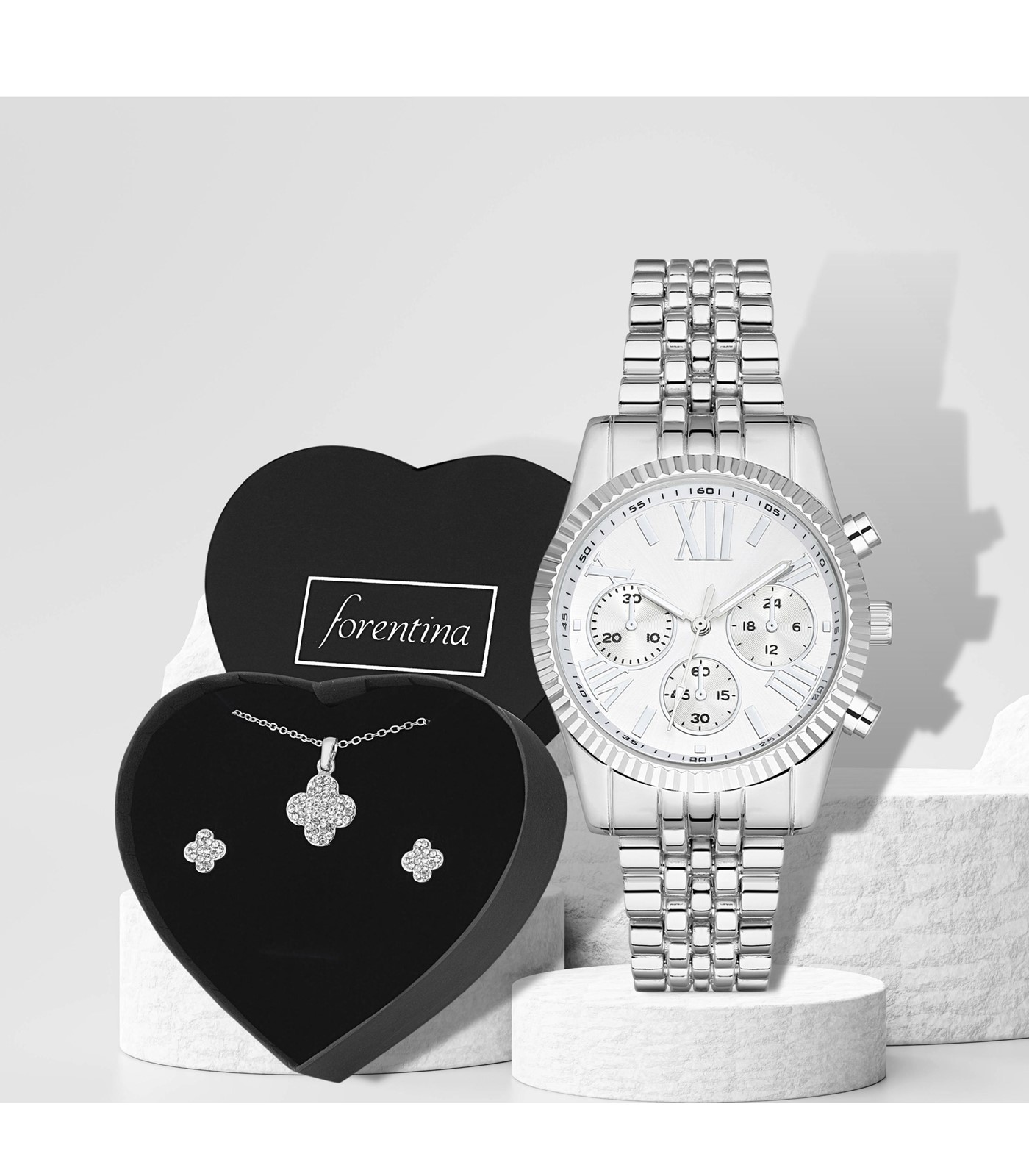 Forentina Gümüş Kaplama Yonca Takı & Saat Hediye Set PS2964