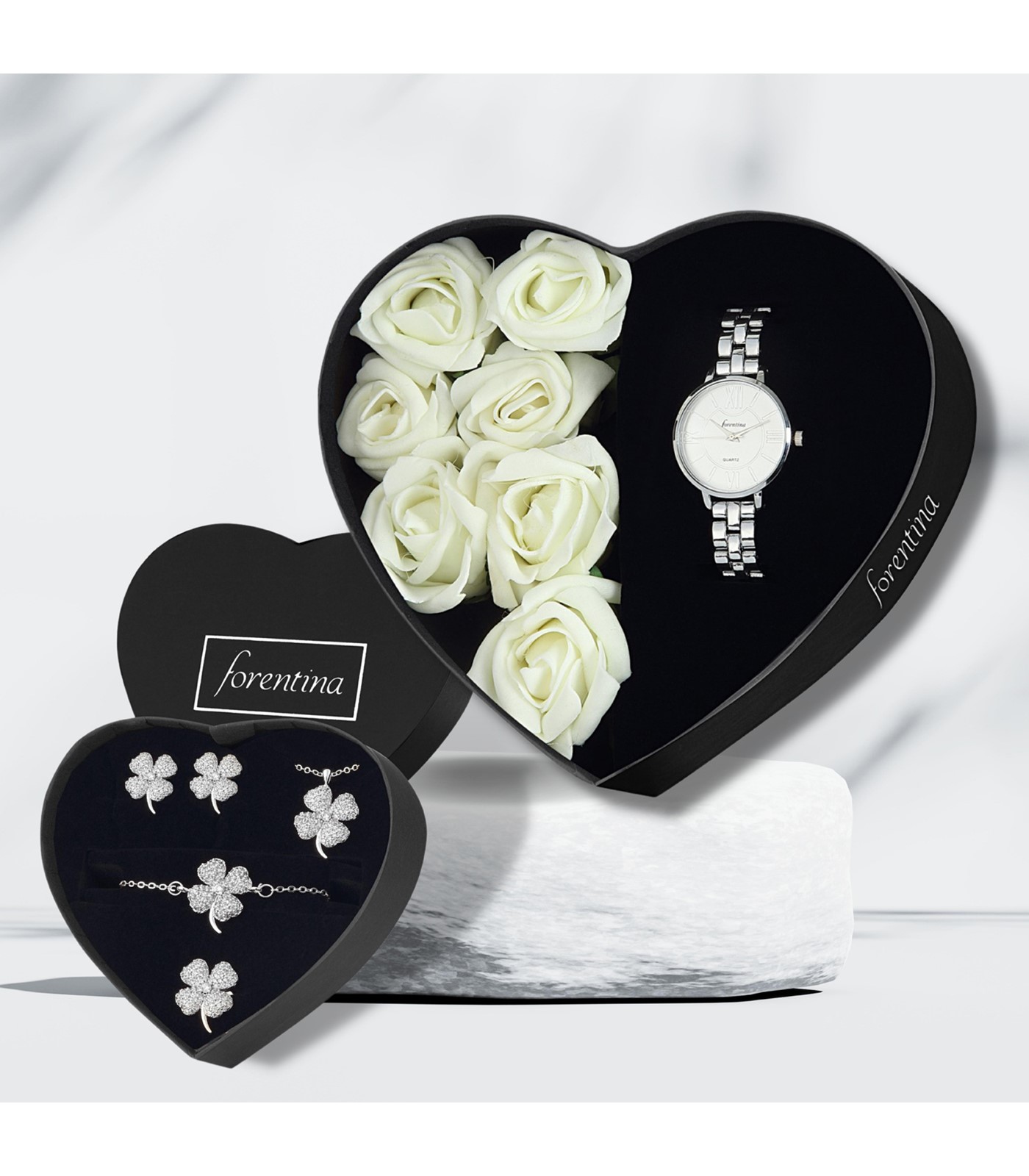 Forentina Gümüş Kaplama Yonca Takı Seti & Güllü Kutuda Metal Kol Saati PS2965