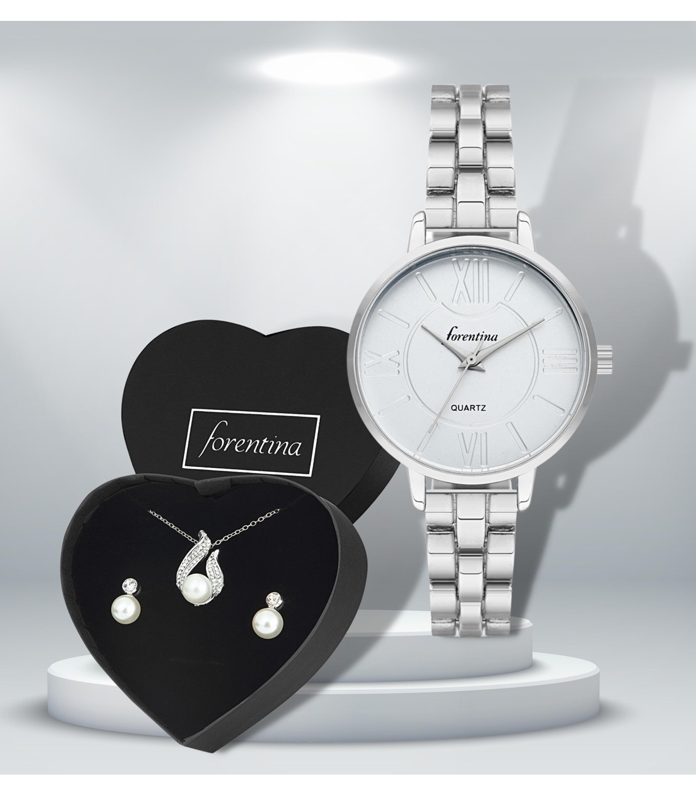 Forentina Gümüş Kaplama İnci Takı Seti Metal Kol Saati Hediye Set PS2966