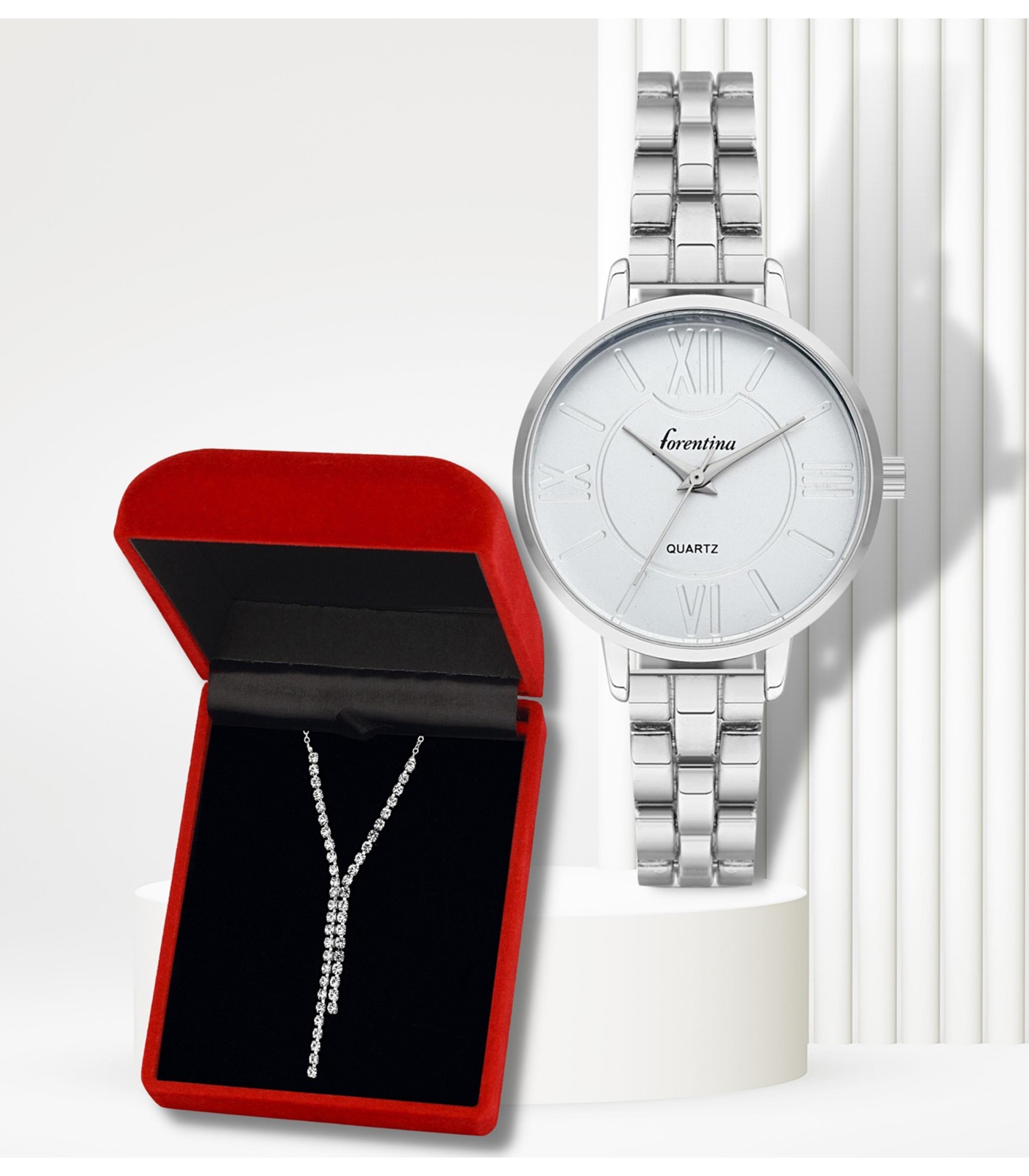 Forentina Gümüş Kaplama Su Yolu Kolye Metal Kol Saati Hediye Set PS2970
