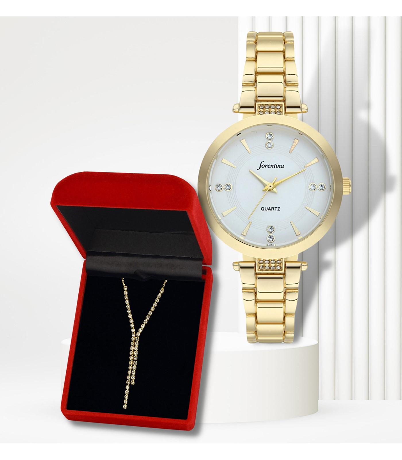 Forentina Altın Kaplama Su Yolu Kolye Metal Saat Hediye Seti PS2971