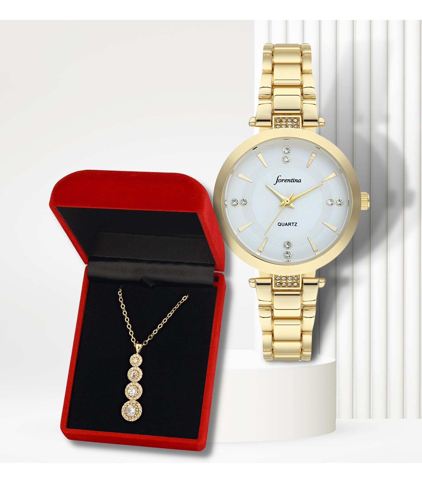 Forentina Altın Kaplama Tria Kolye Metal Kol Saati Hediye Set PS2972