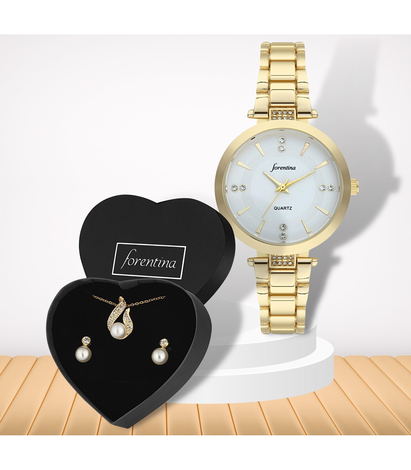 Forentina Altın Kaplama İnci Takı Seti Metal Kol Saati Hediye Set PS2973