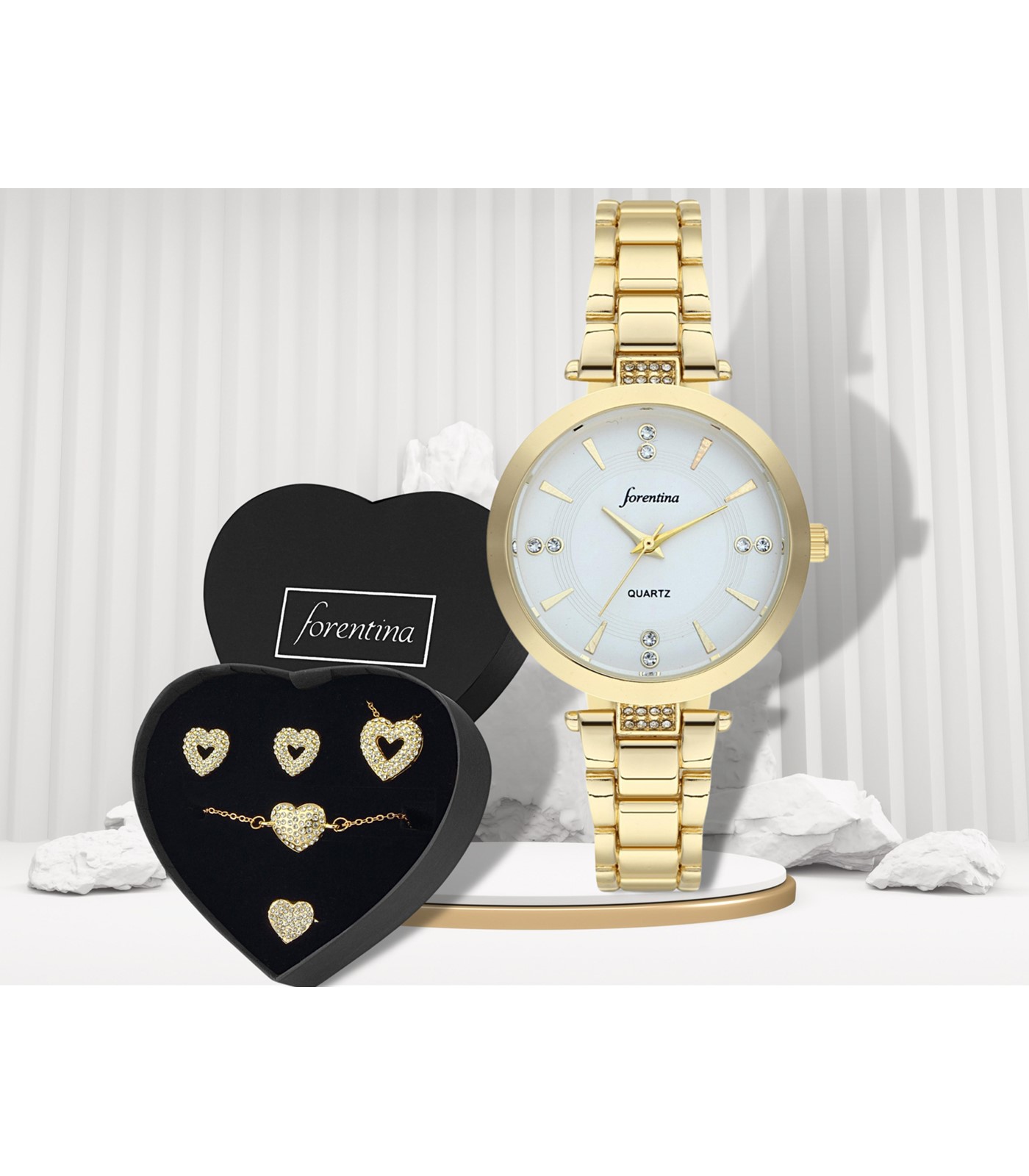Forentina Altın Kaplama Kalpli Takı Seti Metal Kol Saati Hediye Set PS2974