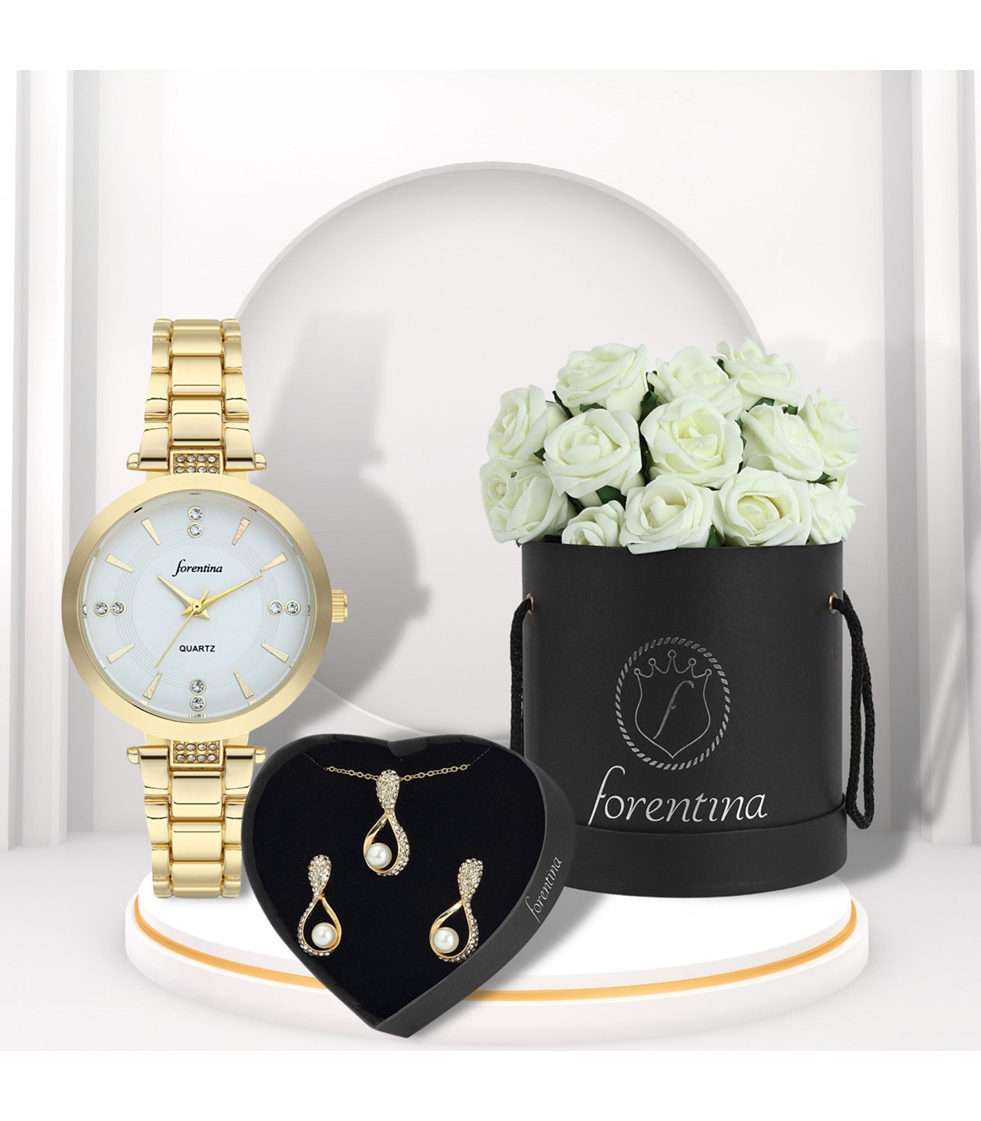 Forentina Güllü Kutuda İnci Takı Metal Saat Hediye Set PS2975