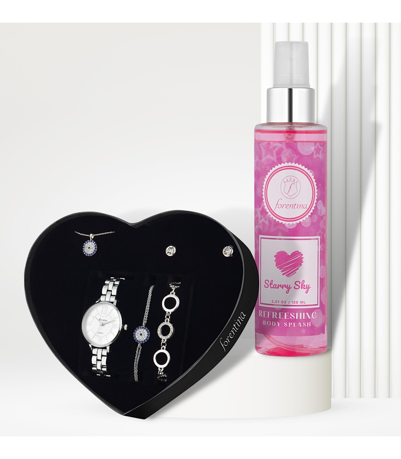 Forentina Gümüş Kaplama Nazar Boncuklu Takı Seti Body Mist Hediye Set PS2978