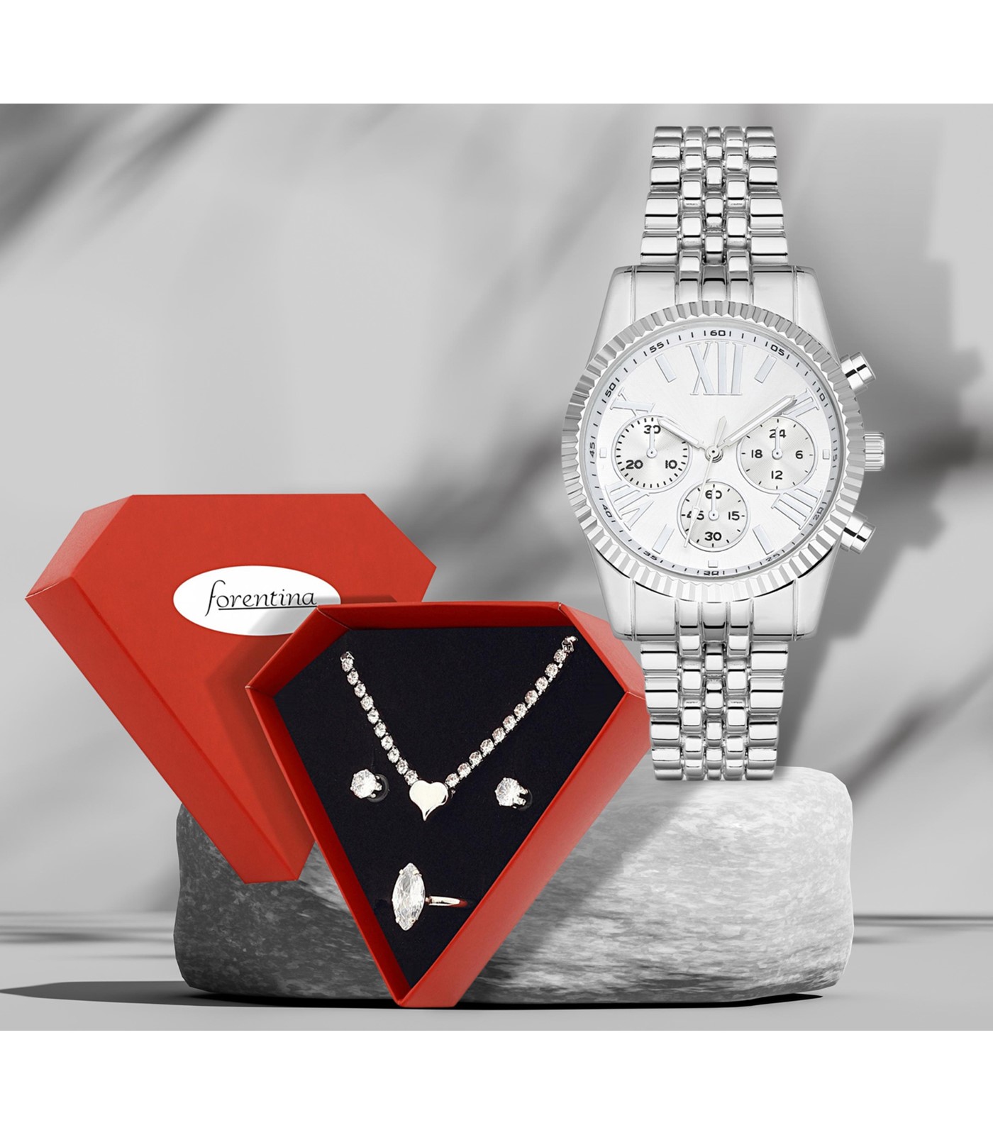 Forentina Gümüş Kaplama Kalpli Takı Metal Saat Hediye Set PS2980