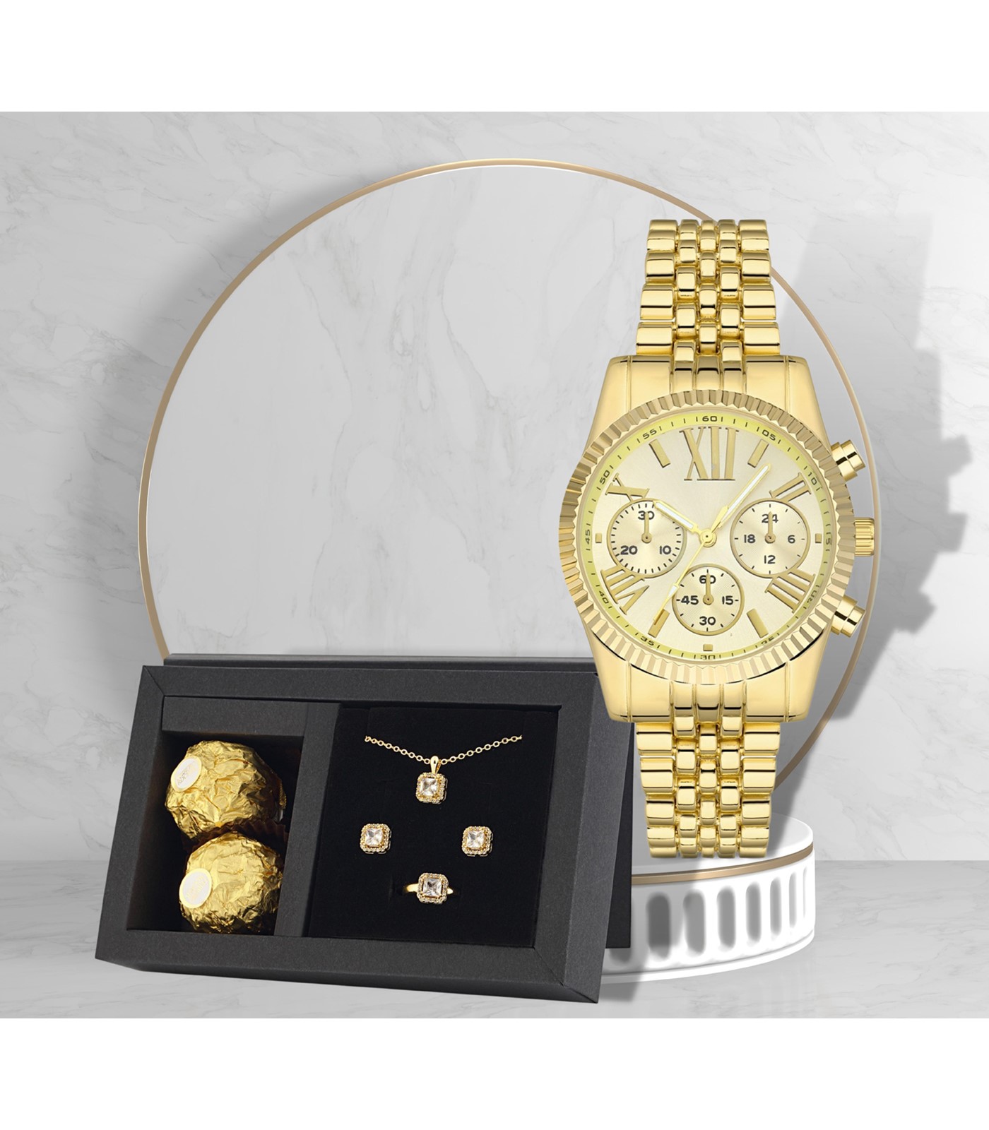 Forentina Altın Kaplama Tektaş Takı Metal Kol Saati Çikolata Hediye Set PS2983