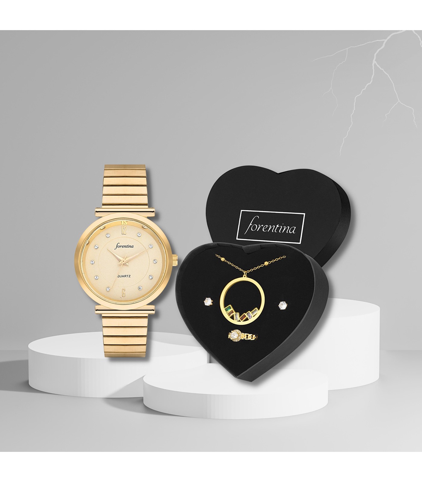 Forentina Kadın Renkli Zirkon Taşlı Kolye Tektaş Küpe Yüzük Saat Takı Seti PS298800TR