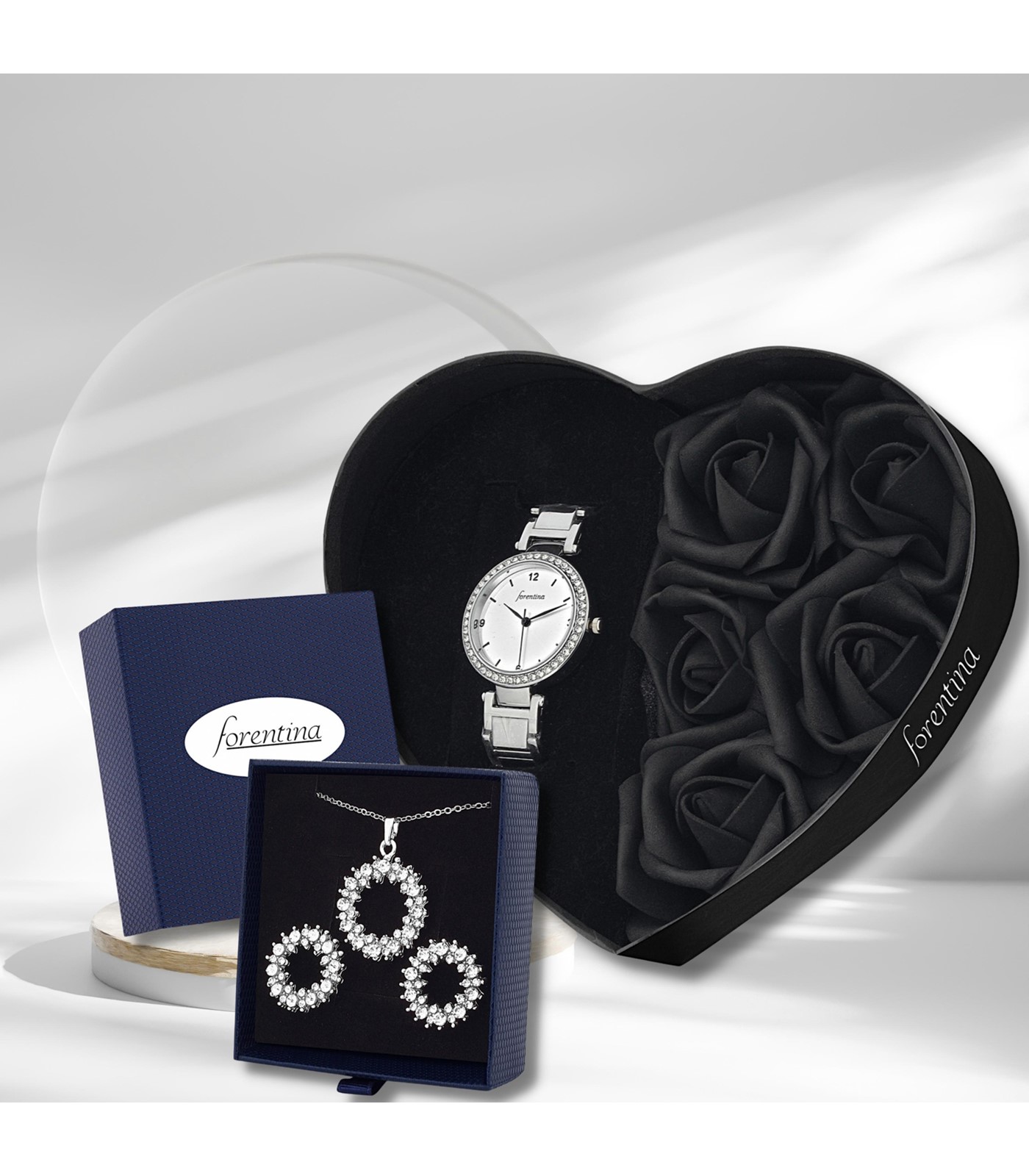 Forentina Siyah Güllü Kutuda Beyaz Metal Bayan Kol Saati - Yuvarlak Tasarım Takı Seti PS299000TR