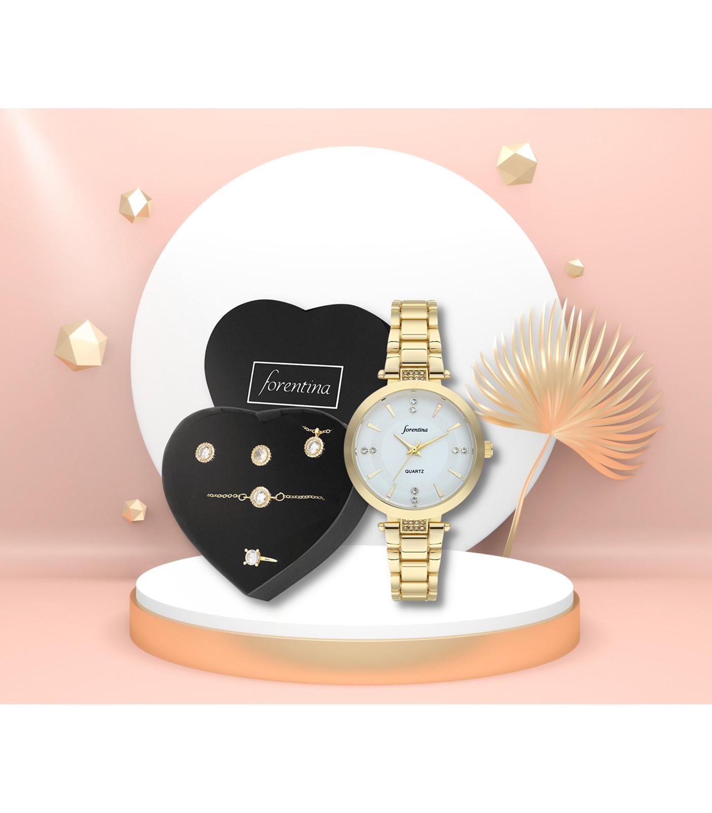 Forentina Sarı Renk Zirkon Taşlı Tektaş Kolye Küpe Bileklik Yüzük Takı Saat Seti PS299200TR