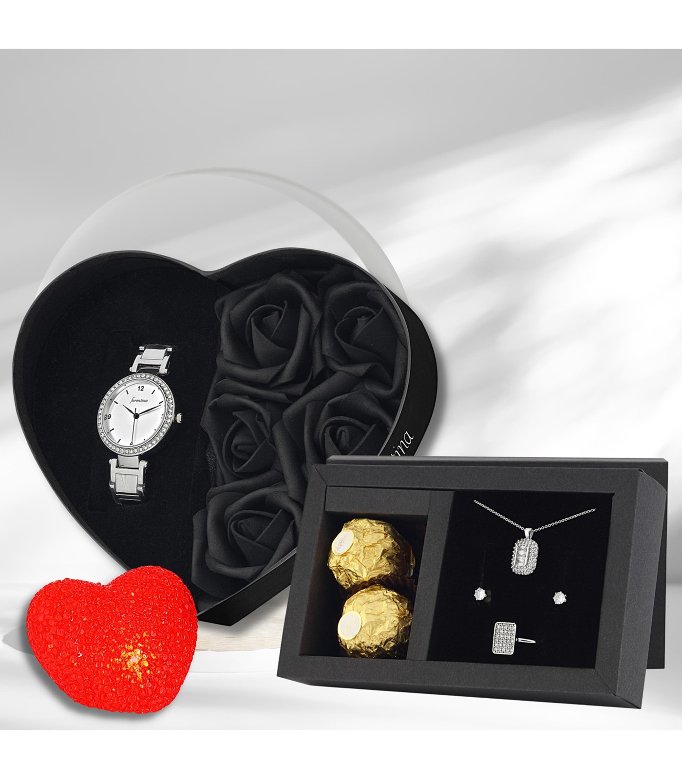 Forentina Zirkon Taşlı  Kolye Küpe Yüzük Çikolata Beyaz Metal Kol Saati - Siyah Güllü Kutuda PS299700TR