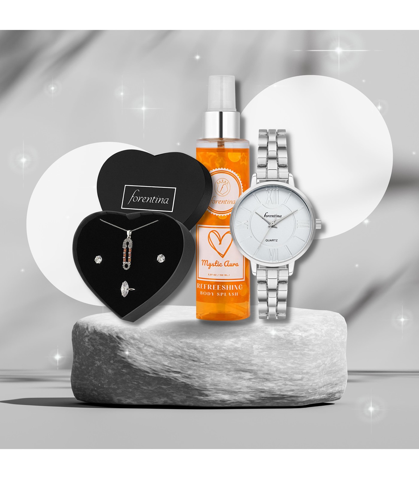 Forentina Zirkon Taşlı Tasarım Kolye Küpe Küpe Yüzük Saat - Body Mist Hediye Set PS3000TR
