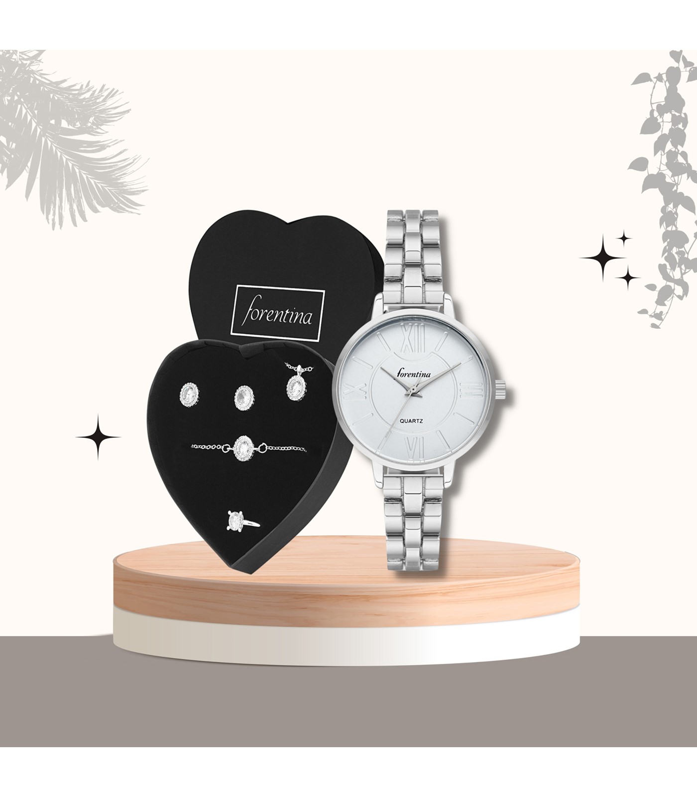 Forentina Gümüş Renk Zirkon Taşlı Tektaş Kolye Küpe Bileklik Yüzük Saat Takı Seti PS300100TR