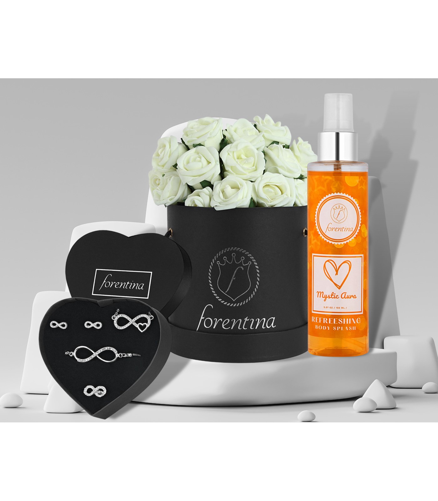 Forentina Gümüş Kaplama Sonsuzluk Takı Özel Güllü Kutuda Body Mist Hediye Set PS3005