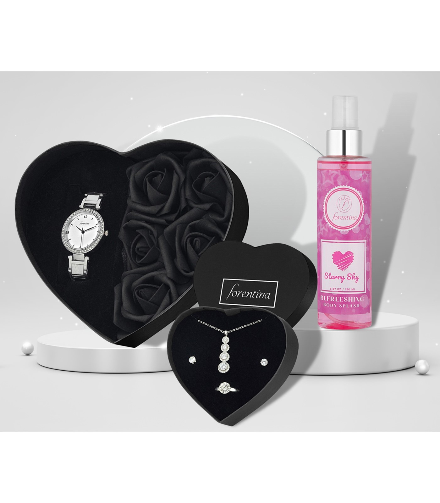 Forentina Siyah Güllü Kutuda Gümüş Kaplama Tria Takı & Body Mist Hediye Set PS3009