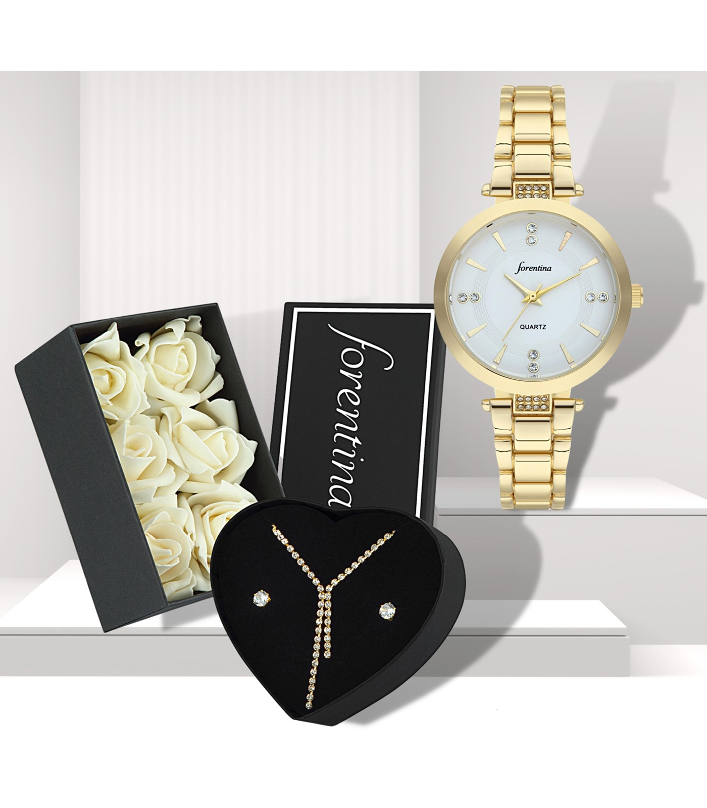 Forentina Güllü Kutuda Sarı Su Yolu Kolye Küpe Saat Hediye Set PS3012