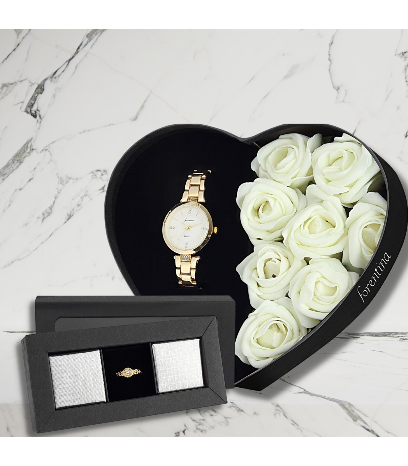 Forentina Güllü Kutuda Metal Bayan Kol Saati-Altın Kaplama Tektaş Yüzük - Çikolata Hediye Set PS301900TR