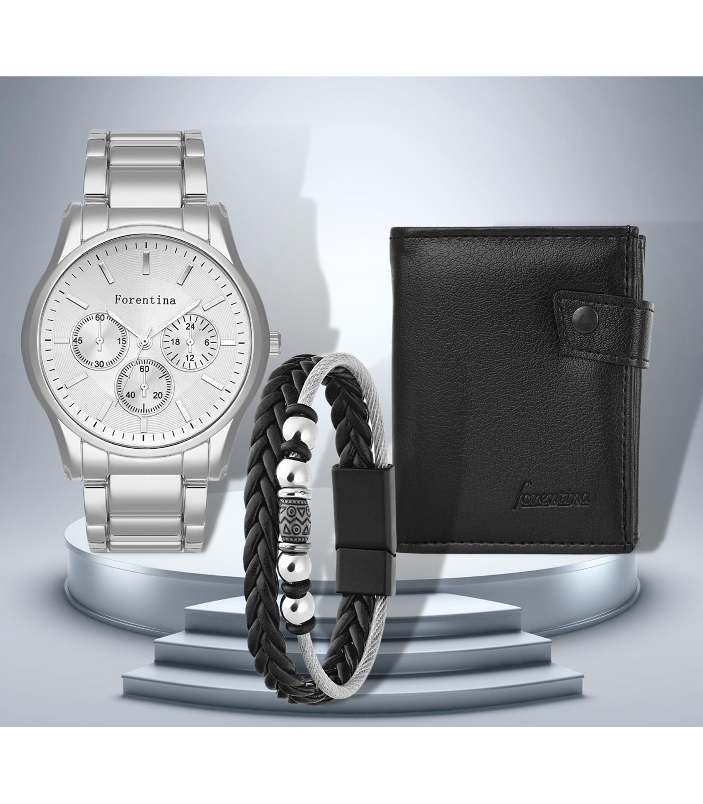 Forentina Erkek Metal Kol Saati Bileklik Kombin Cüzdan Hediye Set PS3023