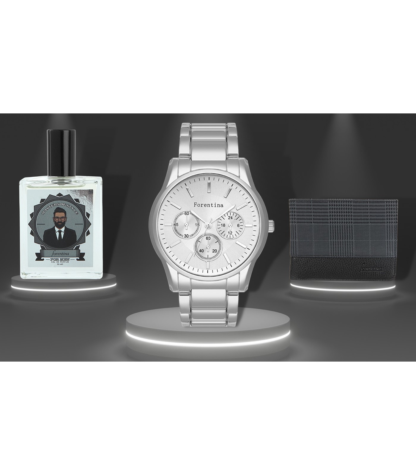 Forentina Erkek Metal Kol Saati Cüzdan Kombin Parfüm Hediye Set PS3024