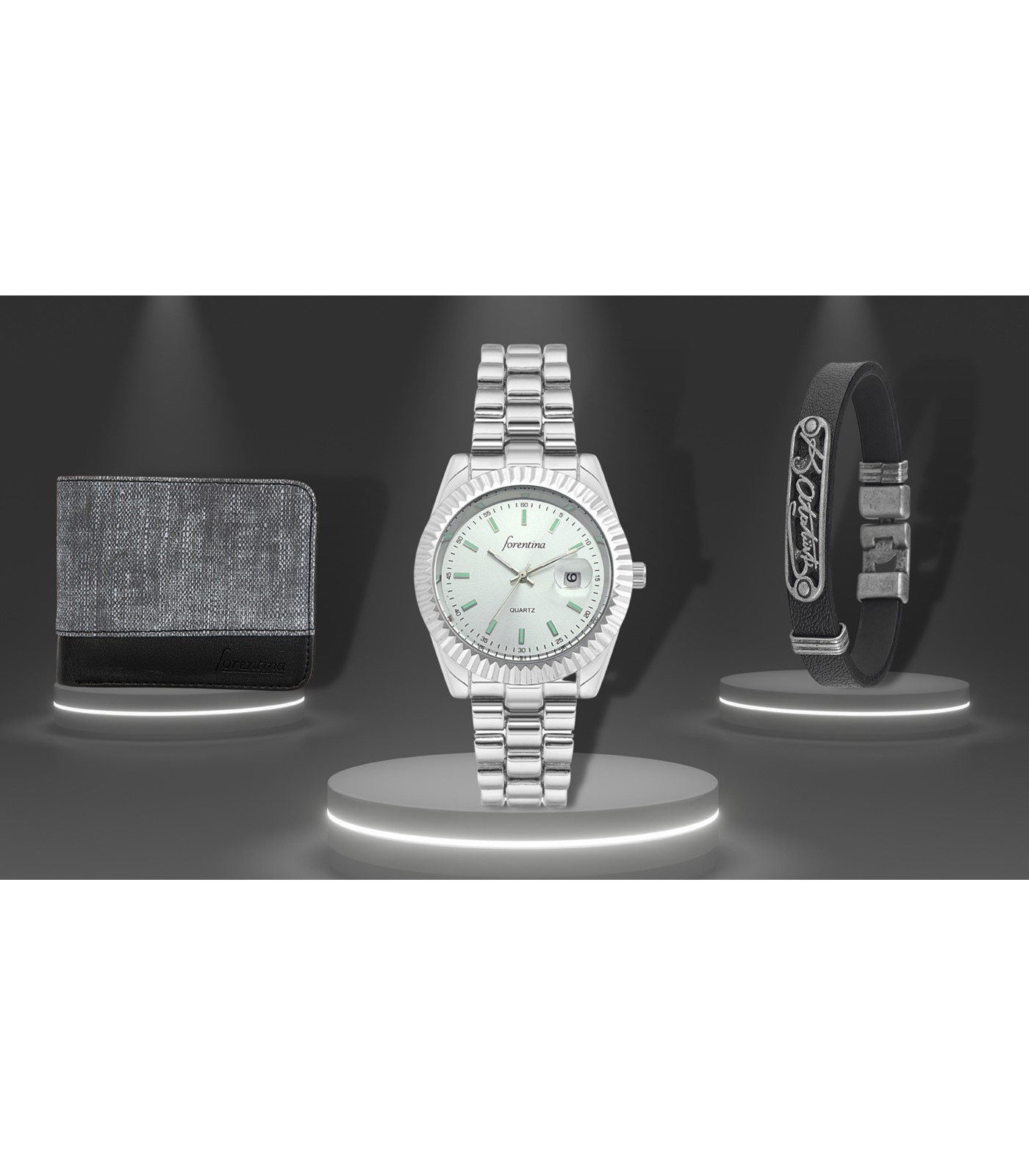 Forentina Erkek Metal Kol Saati Bileklik Kombin Cüzdan Hediye Set PS3027