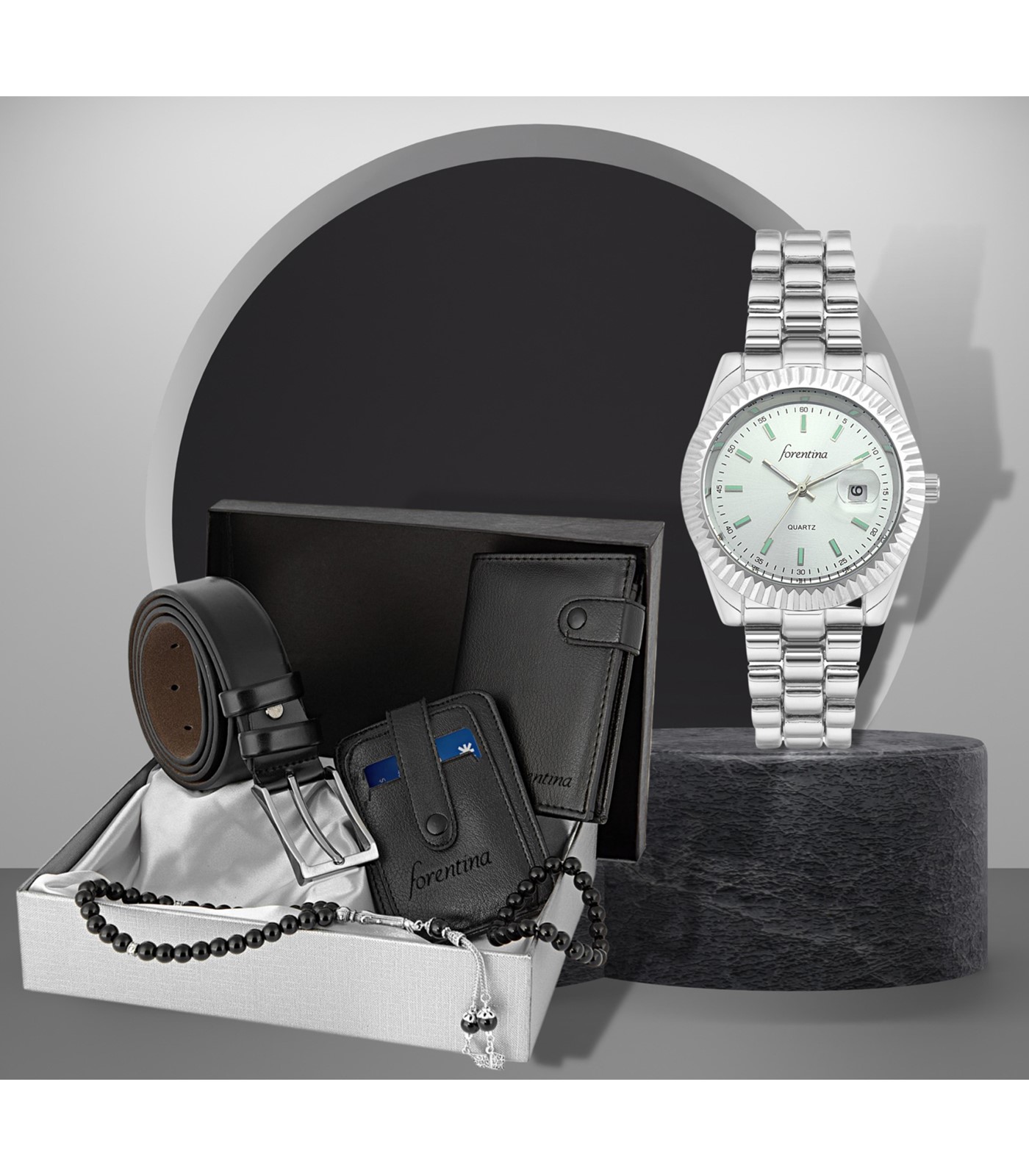 Forentina Erkek Siyah Kemer Cüzdan Kartvizit Tespih Saat Hediye Seti PS3032