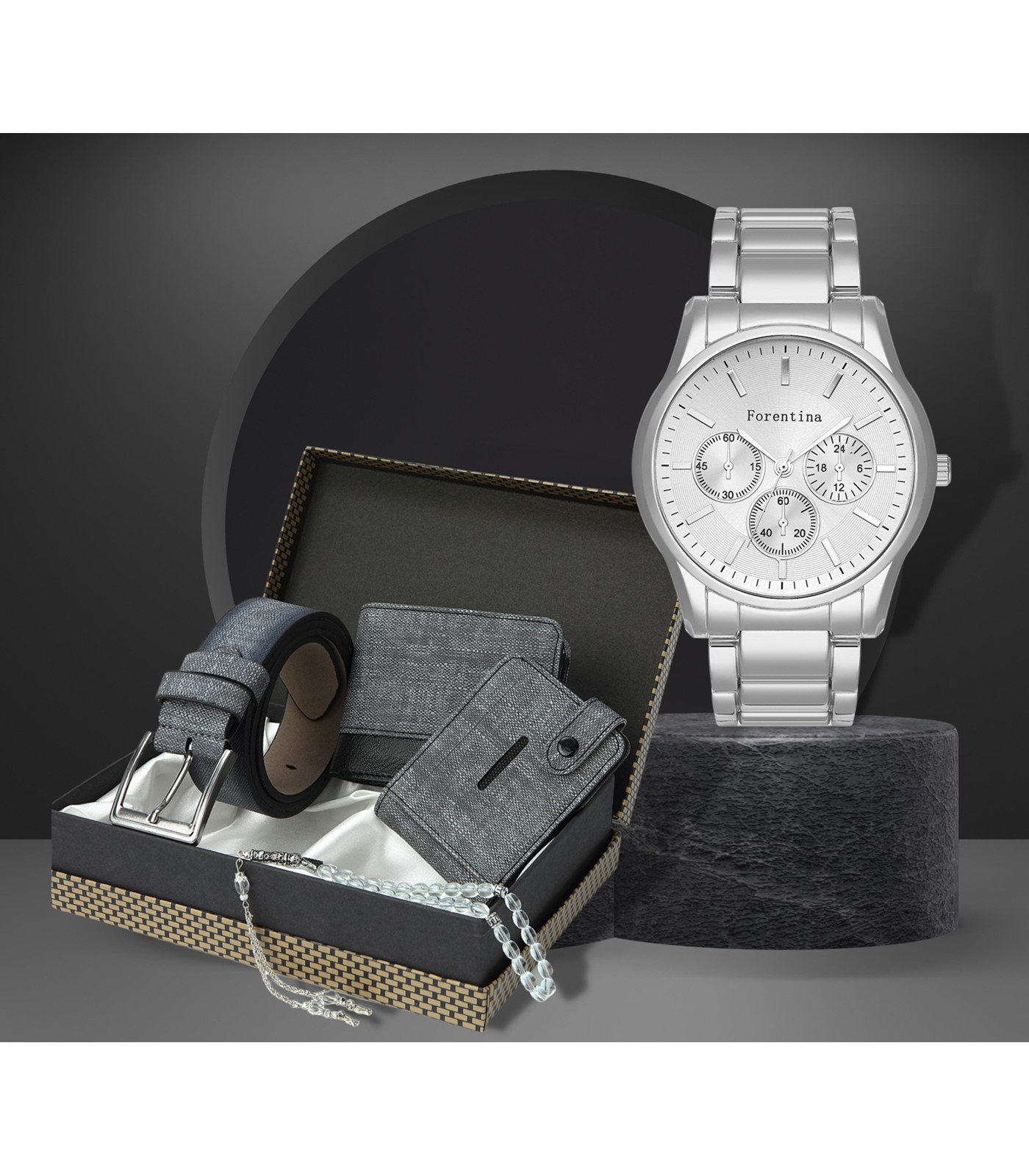 Forentina Erkek Gri Kemer Cüzdan Kartvizit Tespih Saat Hediye Seti PS3034