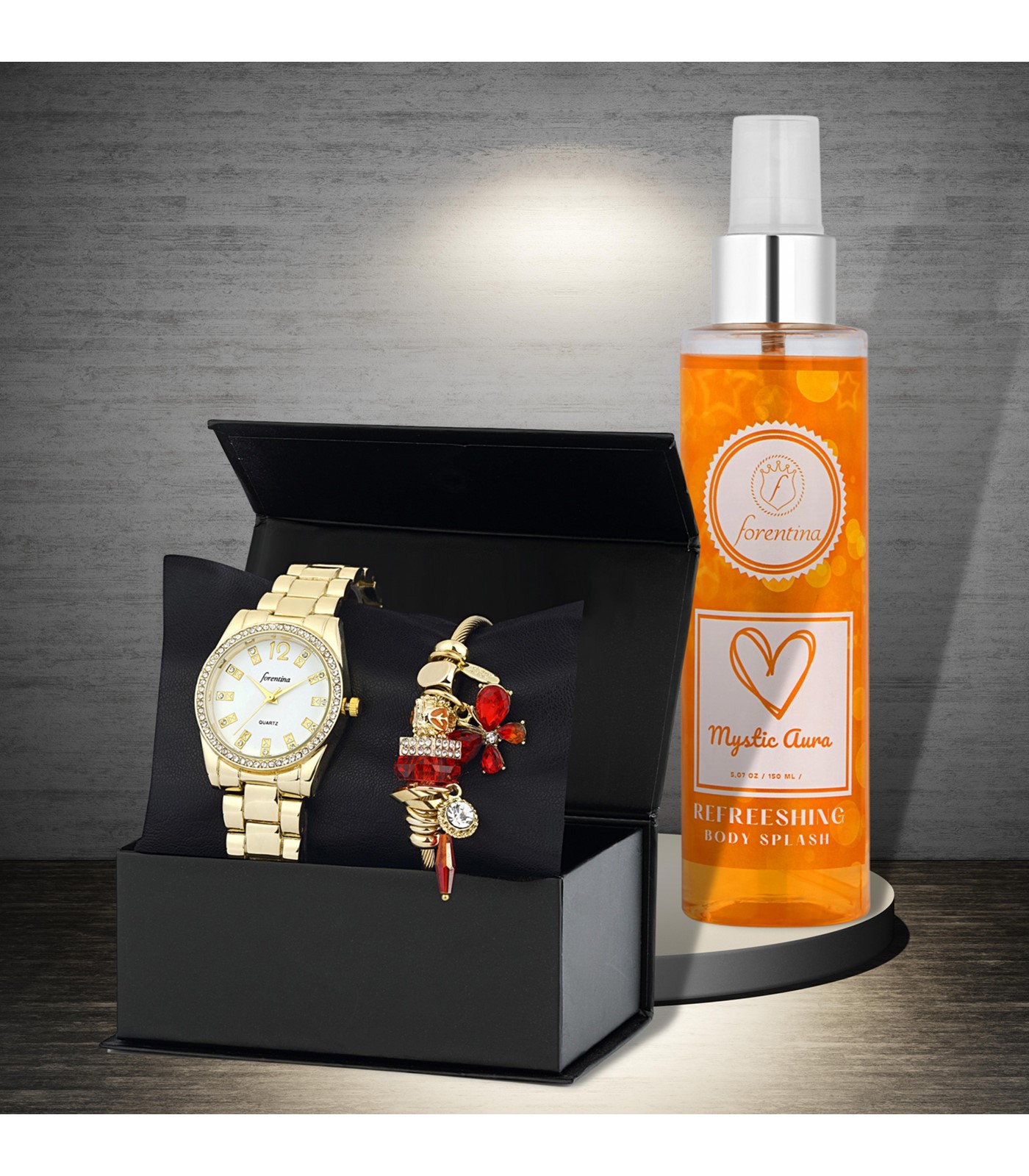 Forentina Kadın Metal Kol Saati Yusufçuk Bileklik Kombin & Body Mist Hediye Set PS3051