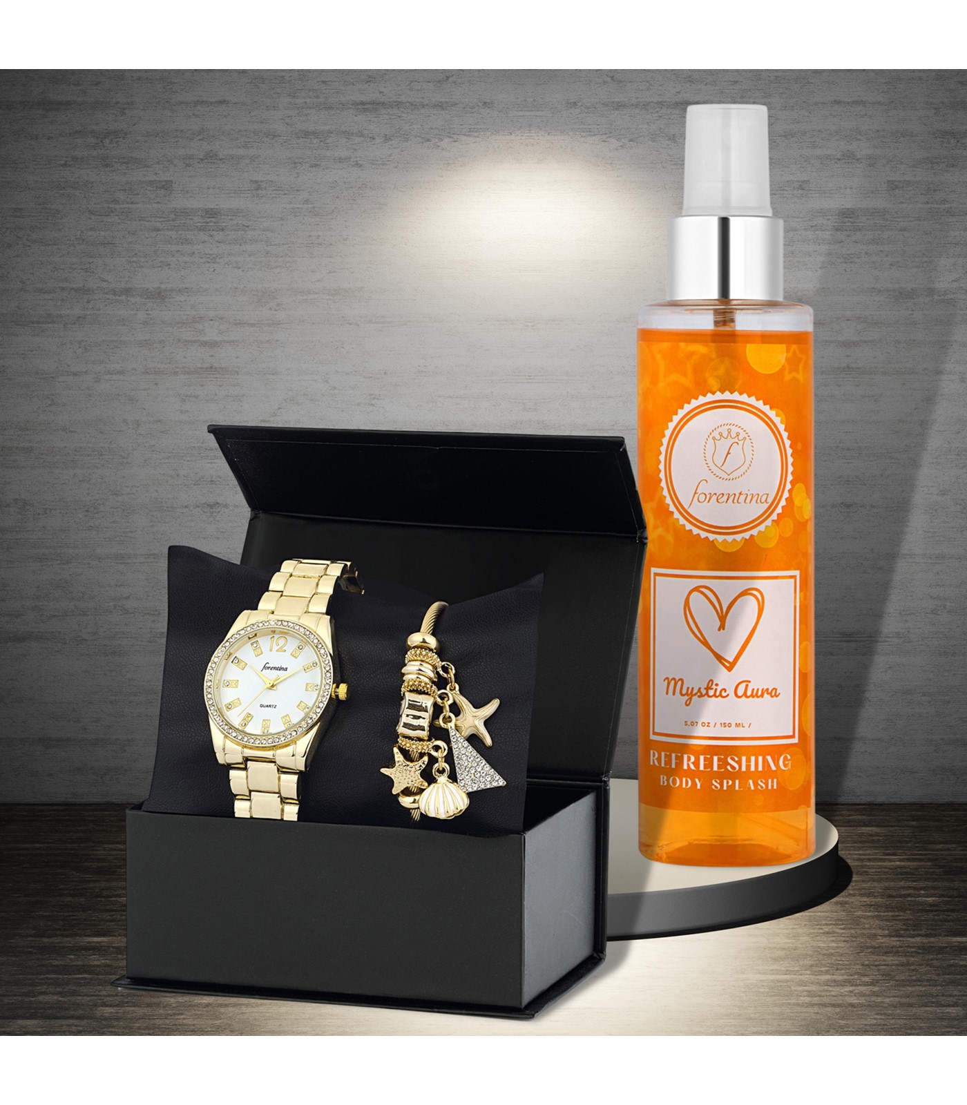 Forentina Kadın Sarı Metal Kol Saati Bileklik Kombin & Body Mist Hediye Set PS3052