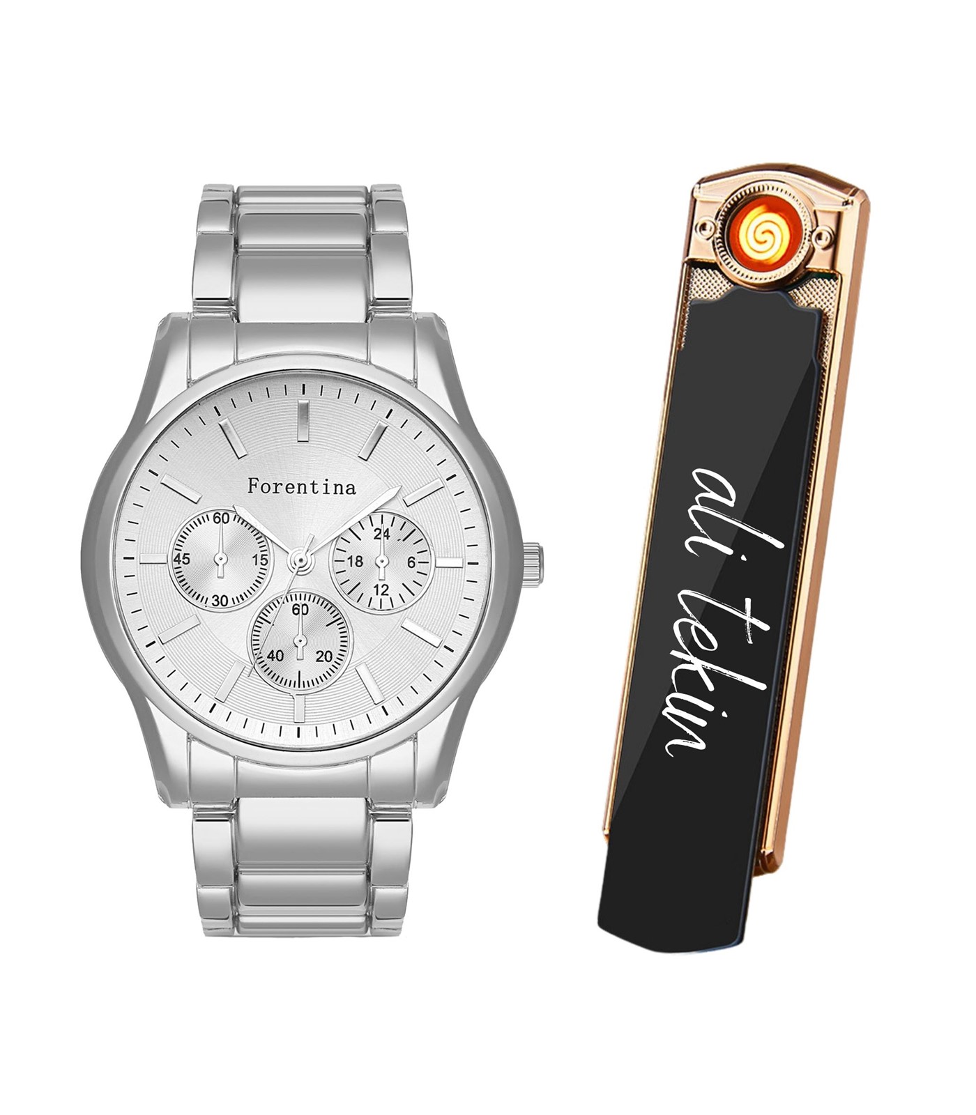 Forentina Erkek Metal Kol Saati & Kişiye Özel USB Şarjlı Çakmak PS3054