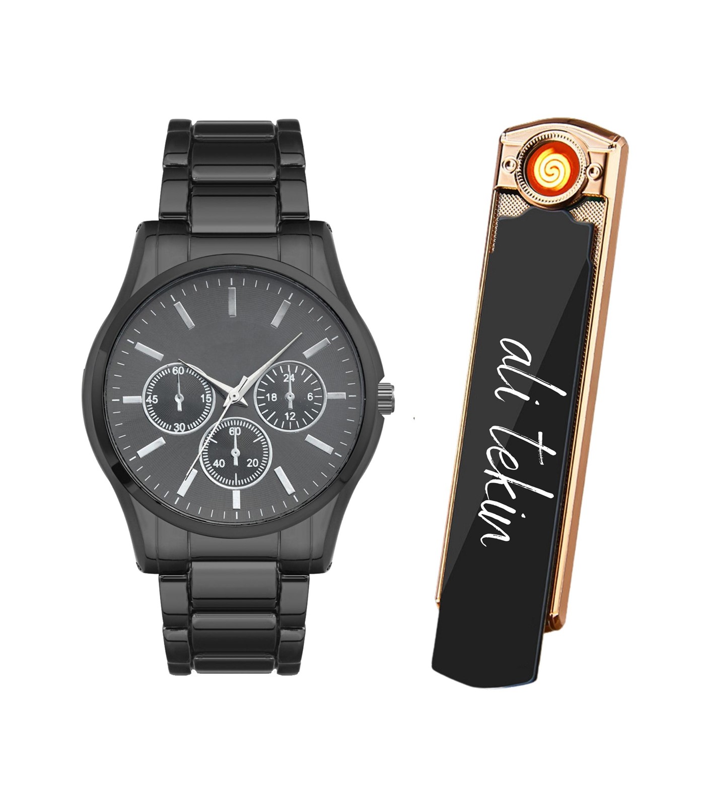 Forentina Erkek Metal Kol Saati & Kişiye Özel USB Şarjlı Çakmak PS3055