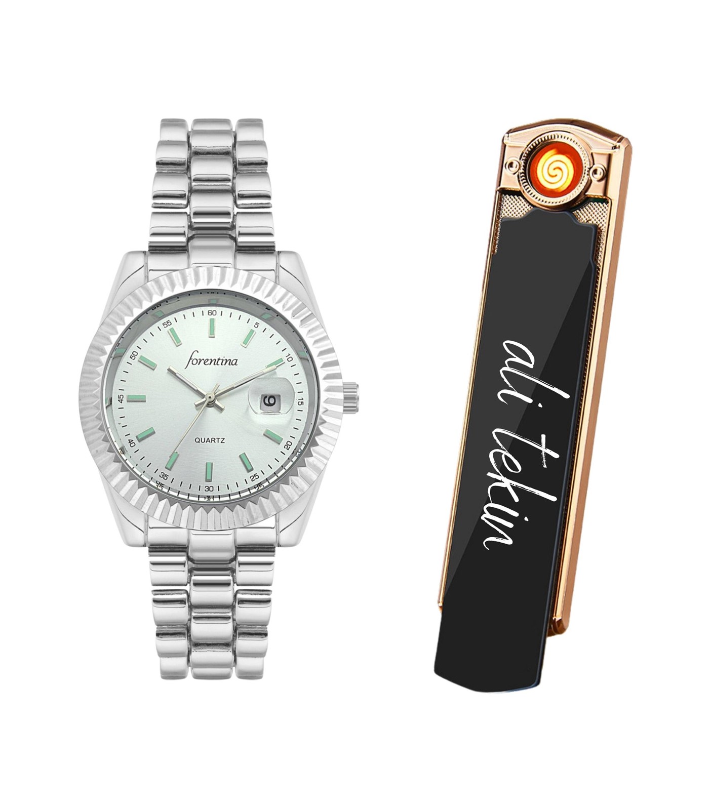 Forentina Erkek Metal Kol Saati & Kişiye Özel USB Şarjlı Çakmak PS3056