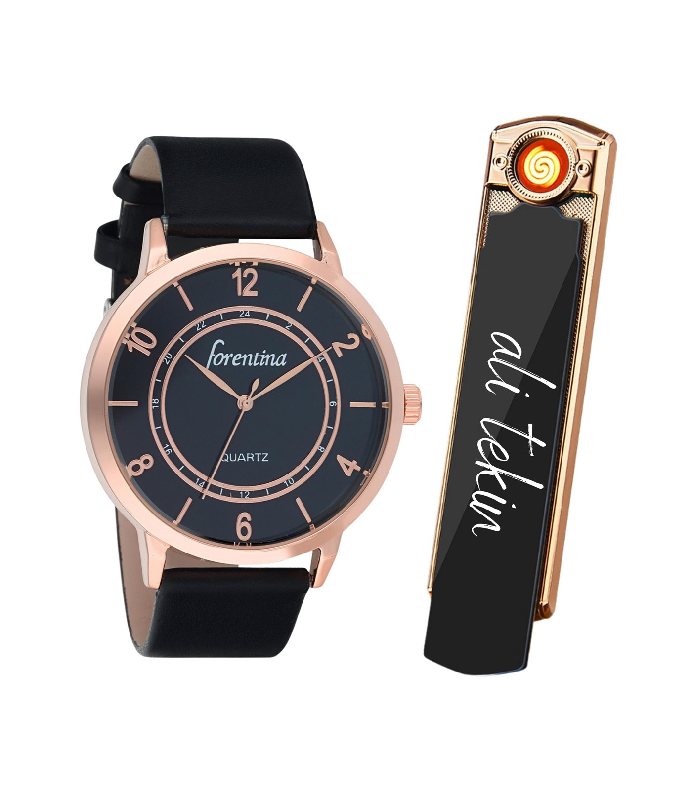 Forentina Erkek Metal Kol Saati & Kişiye Özel USB Şarjlı Çakmak PS3057