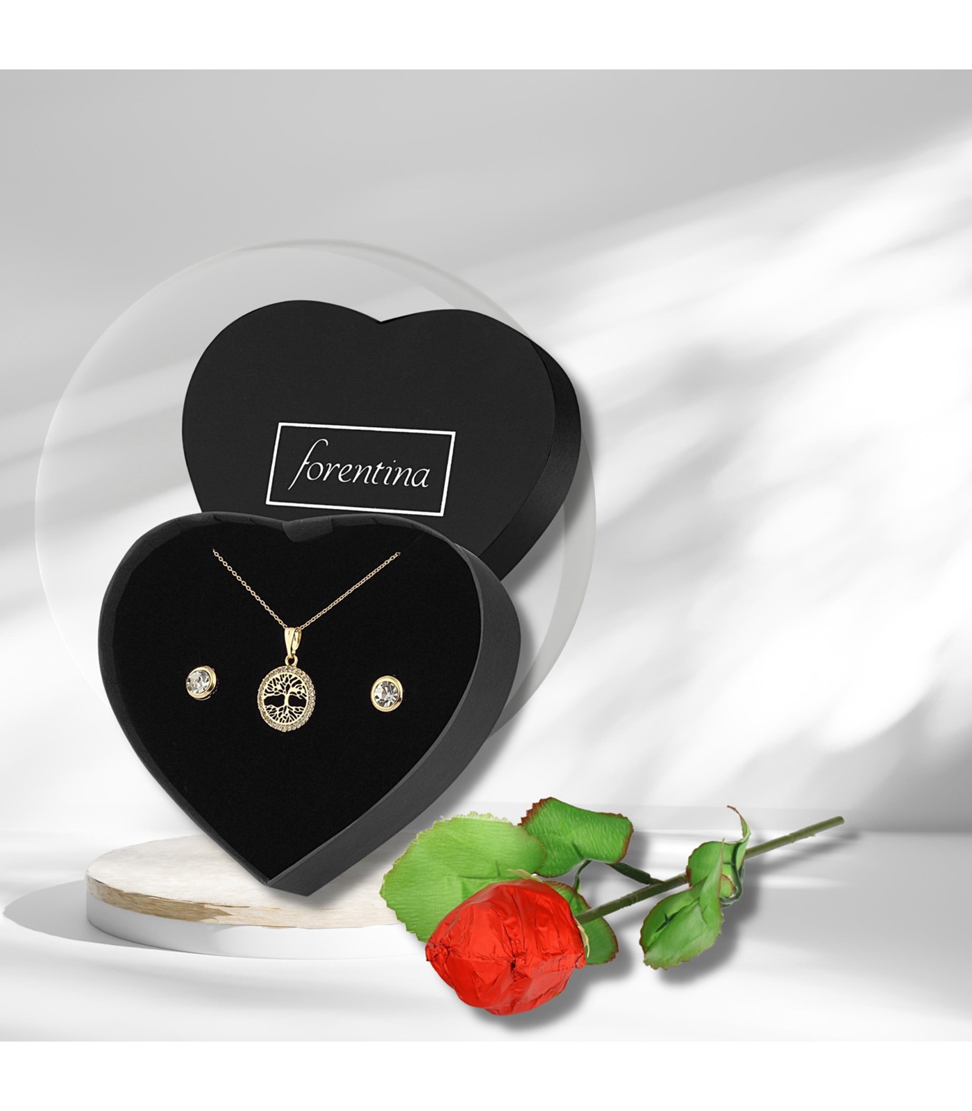 Forentina Altın Kaplama Hayat Ağacı Kolye Tektaş Küpe - Gül Şeklinde Çikolata Hediye Set PS306800TR