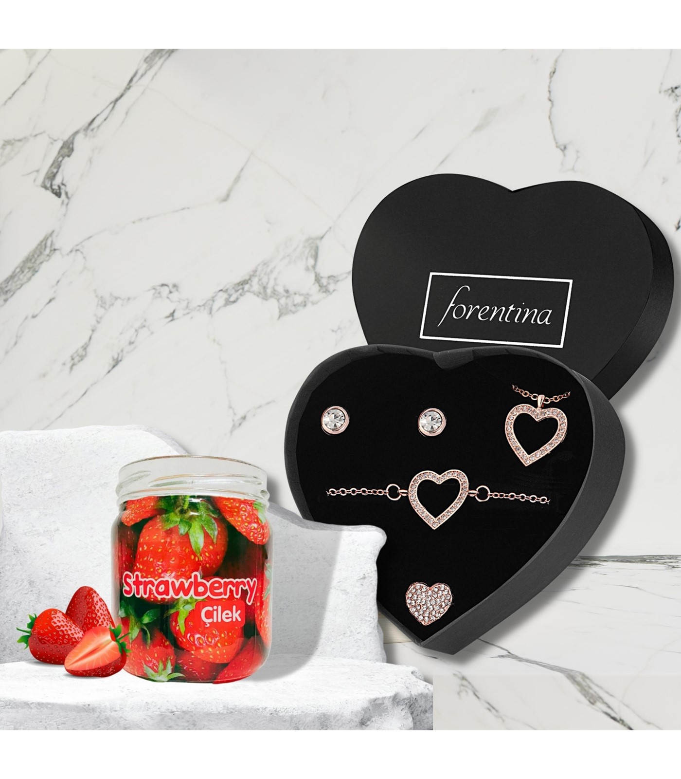 Forentina Rose Kalpli Kolye Bileklik Küpe Hediye Set - Çilek Kokulu Mum - Yoğun Kokulu  PS307200TR