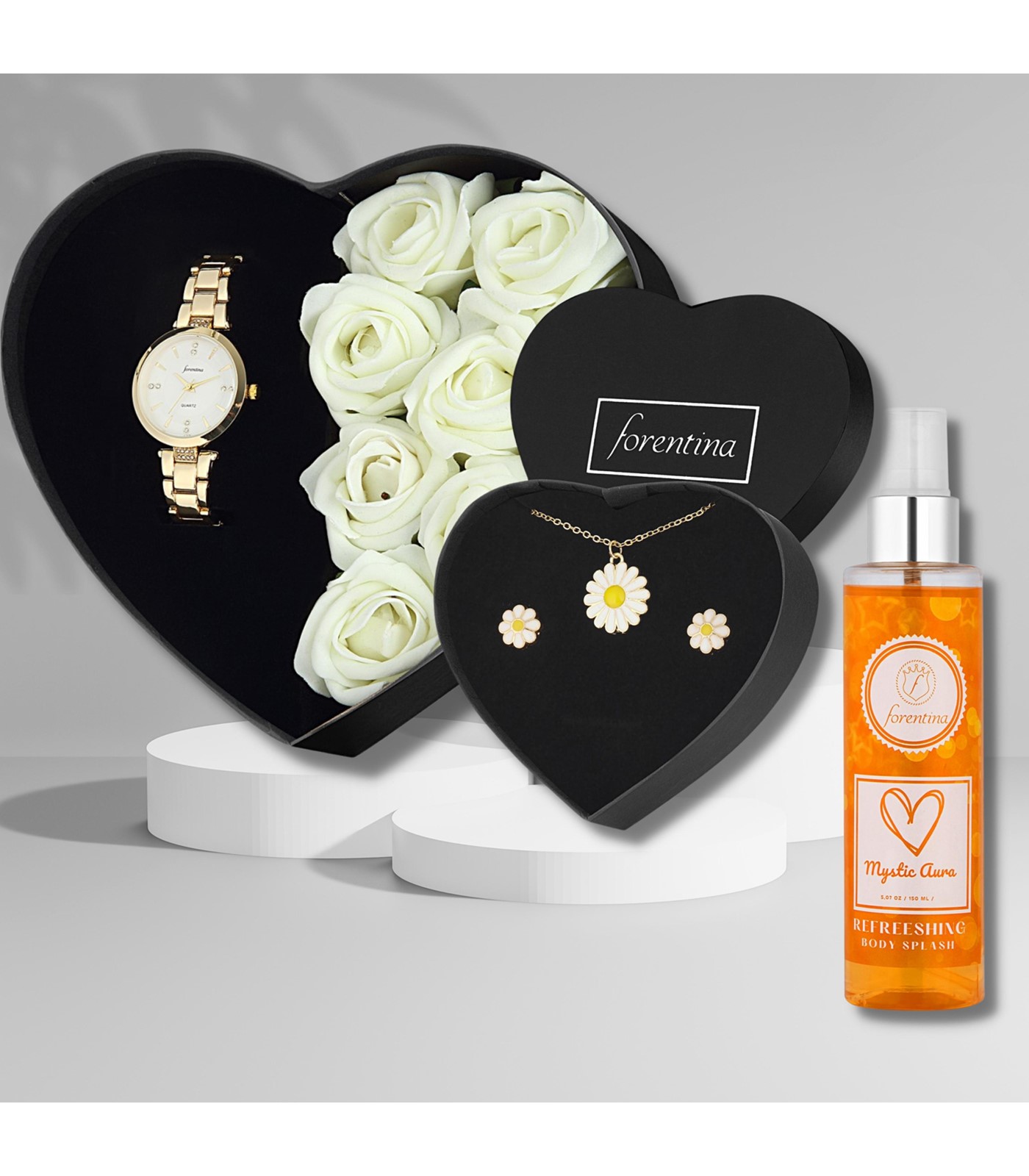Forentina Güllü Kutuda Metal Bayan Kol Saati Papatya Kolye Küpe Takı Seti - Body Mist Mystic Aura 150 ML. PS307300TR