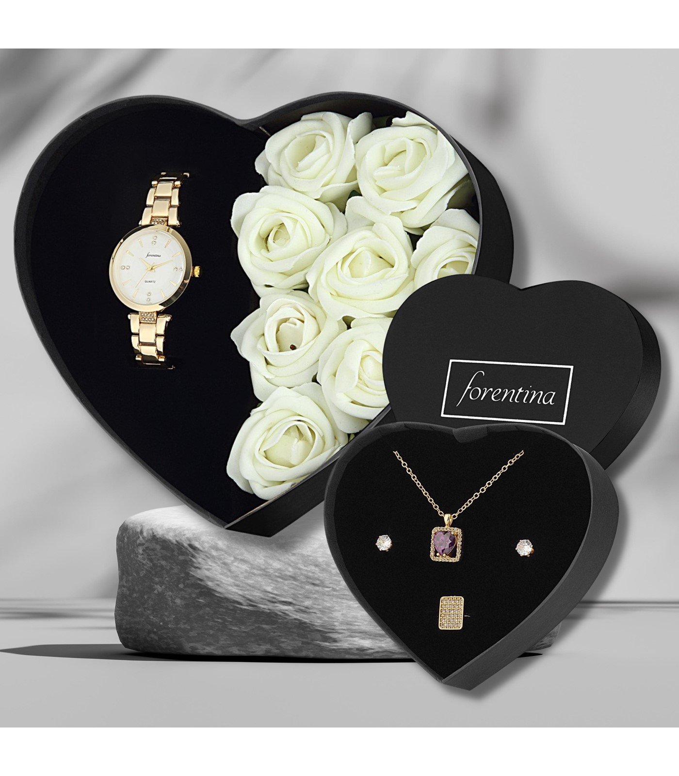 Forentina Güllü Kutuda Metal Bayan Kol Saati - Zirkon Kalp Taşlı Kolye Küpe Yüzük PS307500TR