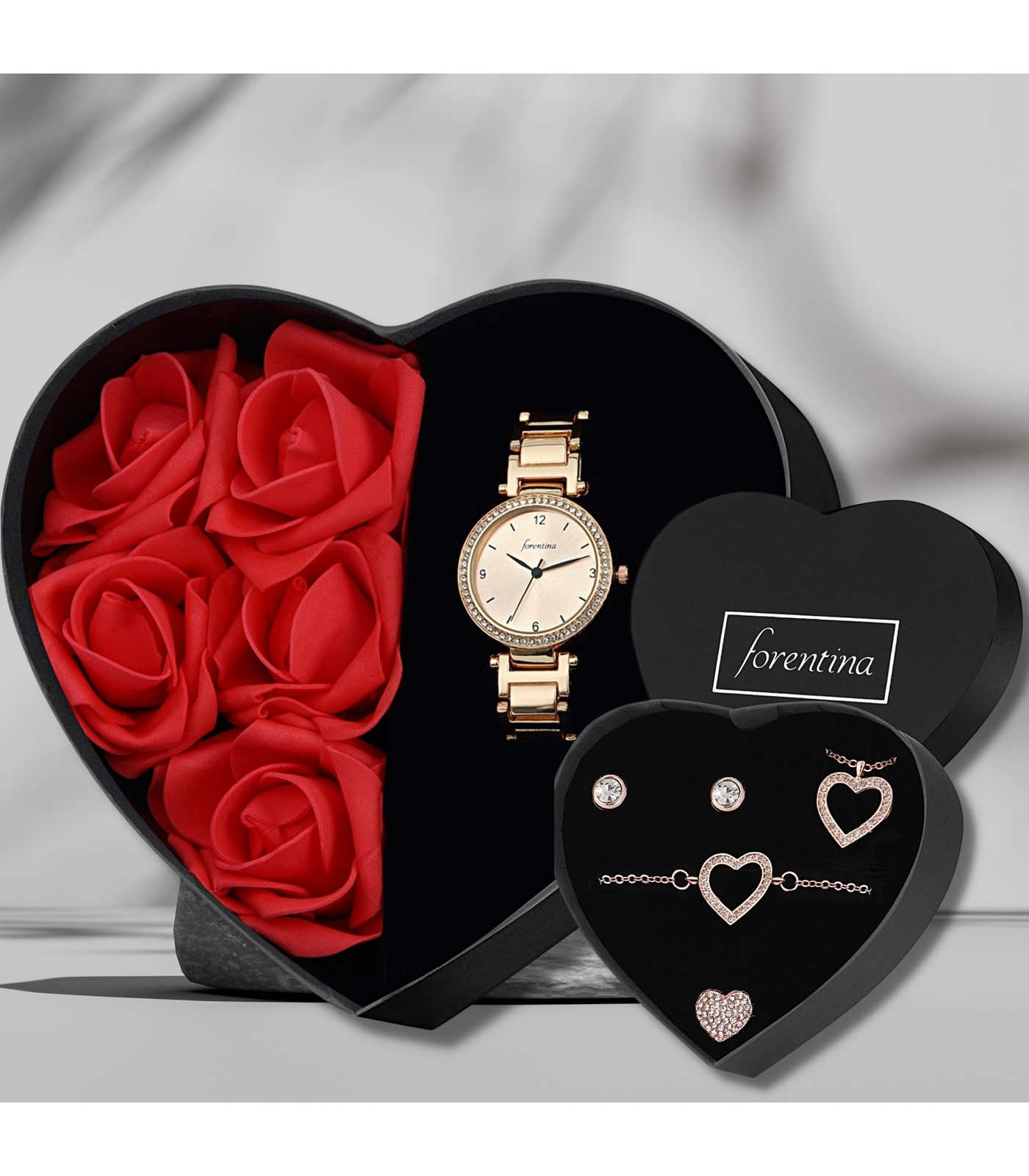 Forentina Rose Metal Bayan Kol Saati Güllü Kutuda - Rose Kalpli Kolye Bileklik Küpe Hediye Set PS307700TR