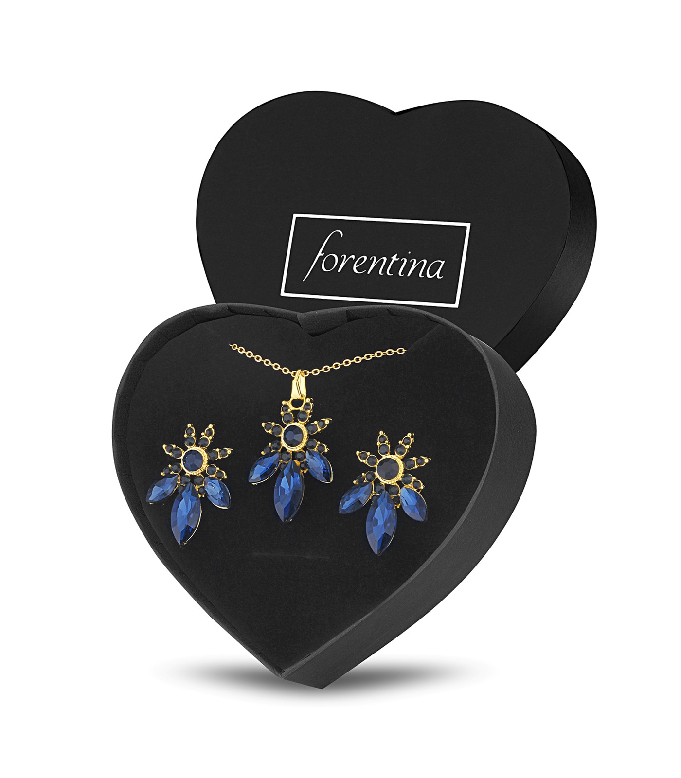 Forentina Altın Kaplama Lacivert Taşlı Kolye Küpe Takı Seti PS3099