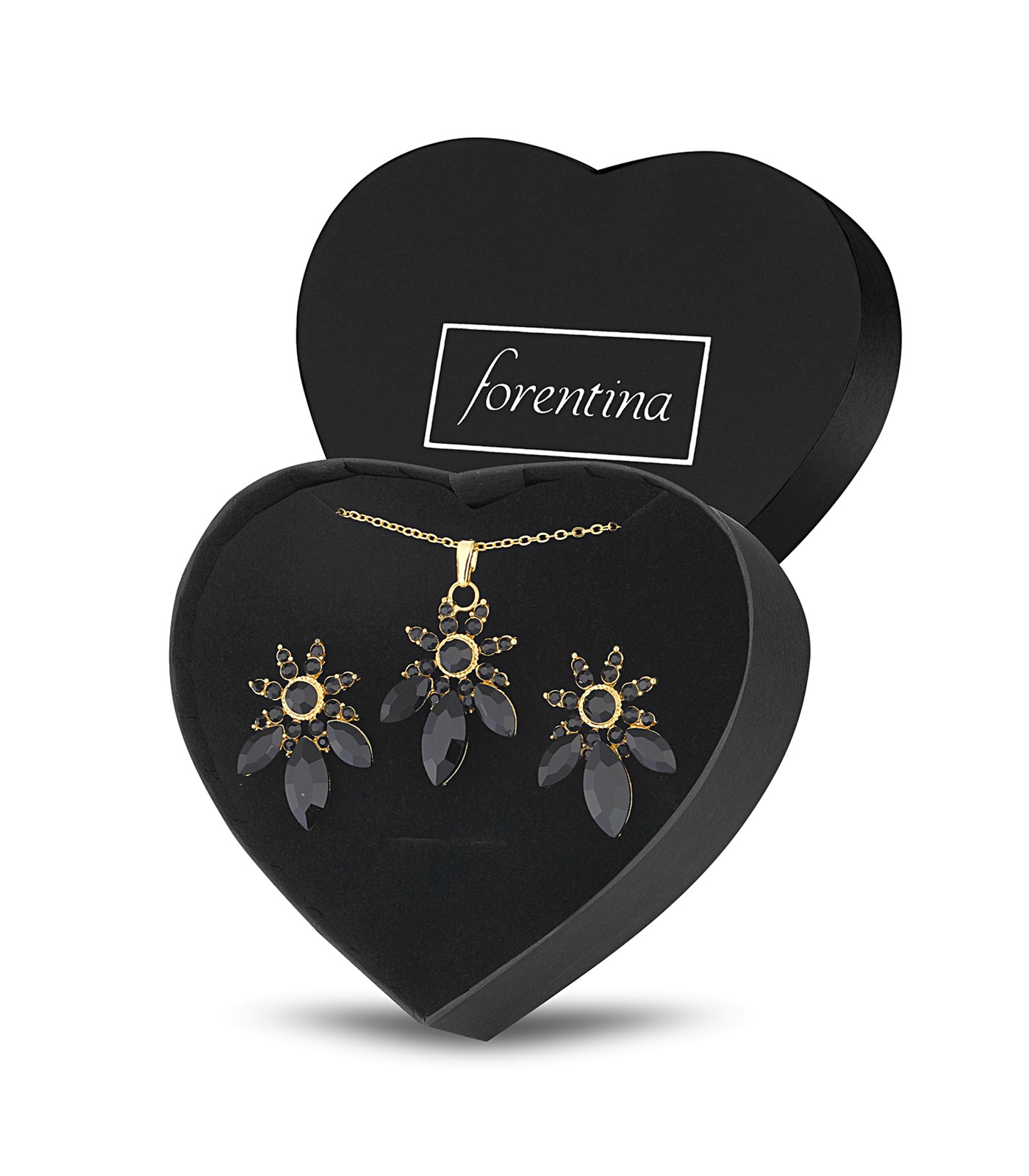 Forentina Altın Kaplama Siyah Taşlı Kolye Küpe Takı Seti PS3100