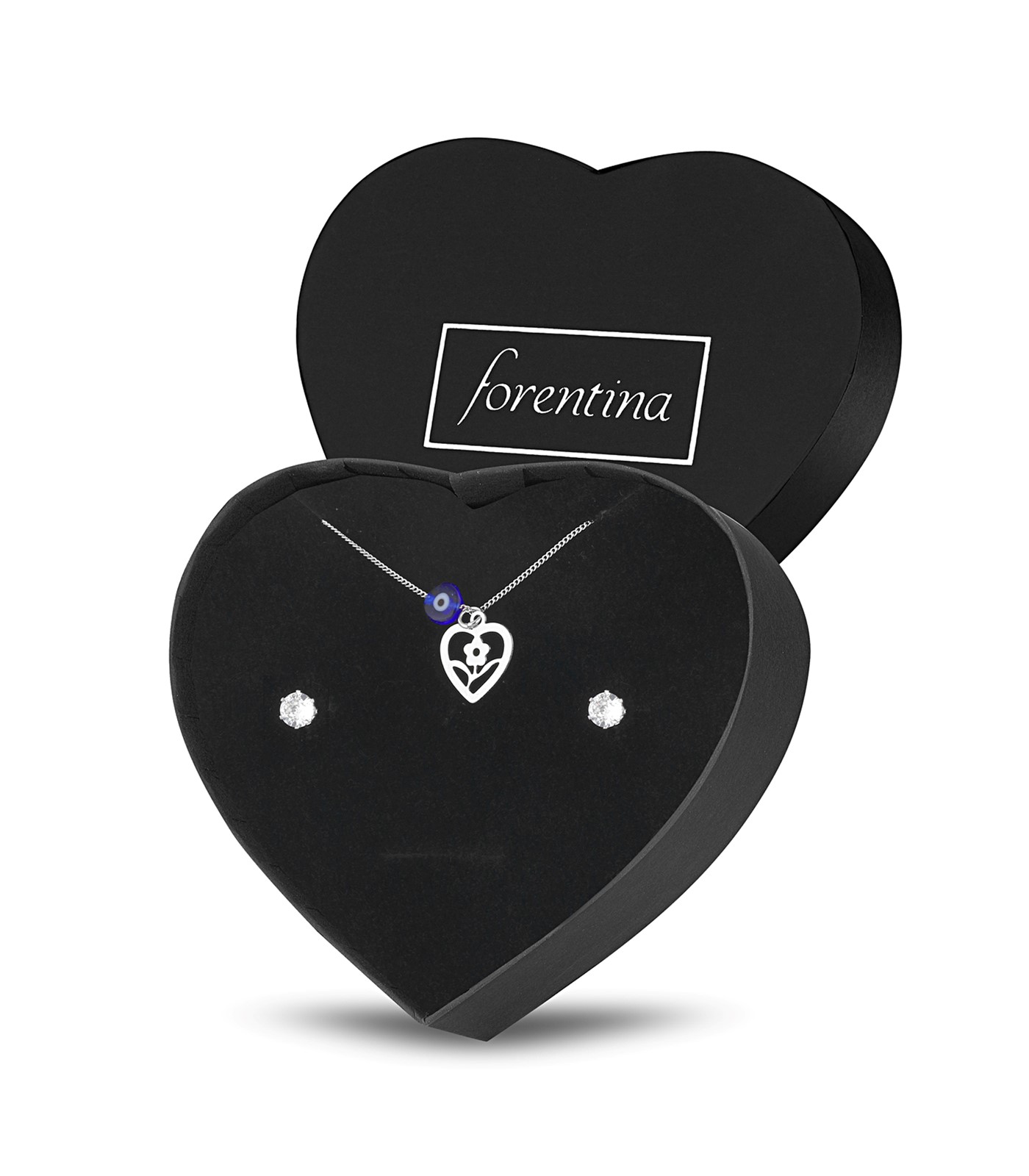 Forentina Gümüş Kaplama Kalpli Kolye Küpe Takı Seti PS3108