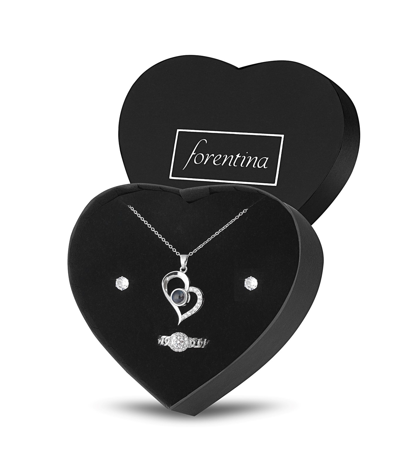 Forentina Gümüş Kaplama Kalpli Kolye Küpe Yüzük Takı Seti PS3110
