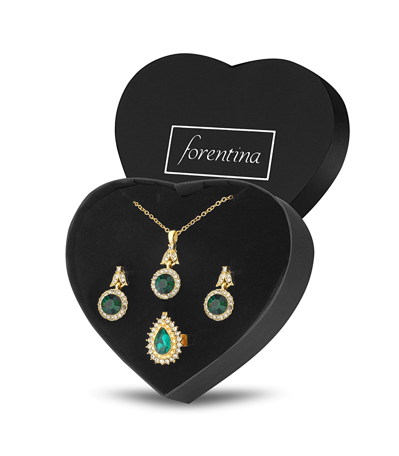 Forentina Altın Kaplama Yeşil Taşlı Kolye Küpe Yüzük Takı Seti PS3114