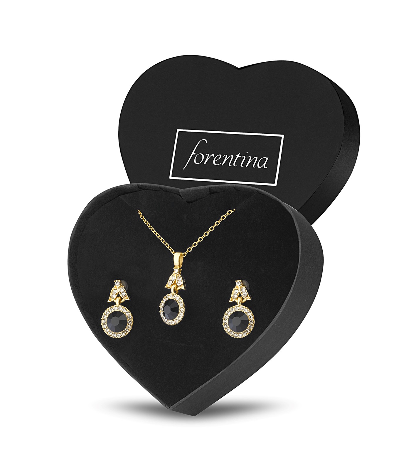 Forentina Altın Kaplama Siyah Taşlı Kolye Küpe Takı Seti PS3116