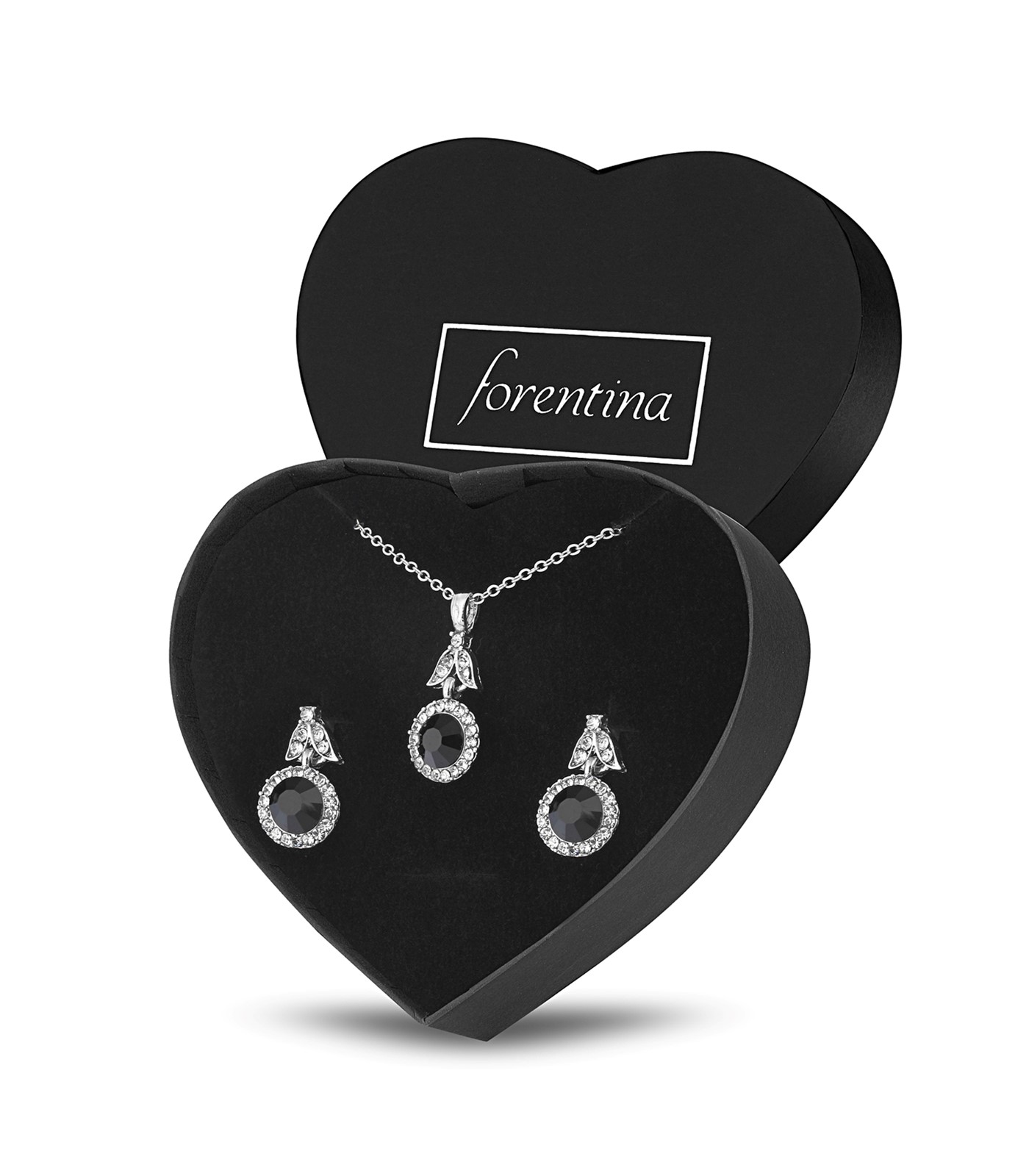 Forentina Gümüş Kaplama Siyah Taşlı Kolye Küpe Takı Seti PS3117